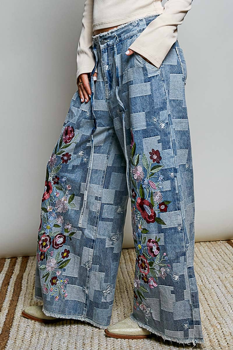 Vintage Bloom Denim Wide Leg Pants