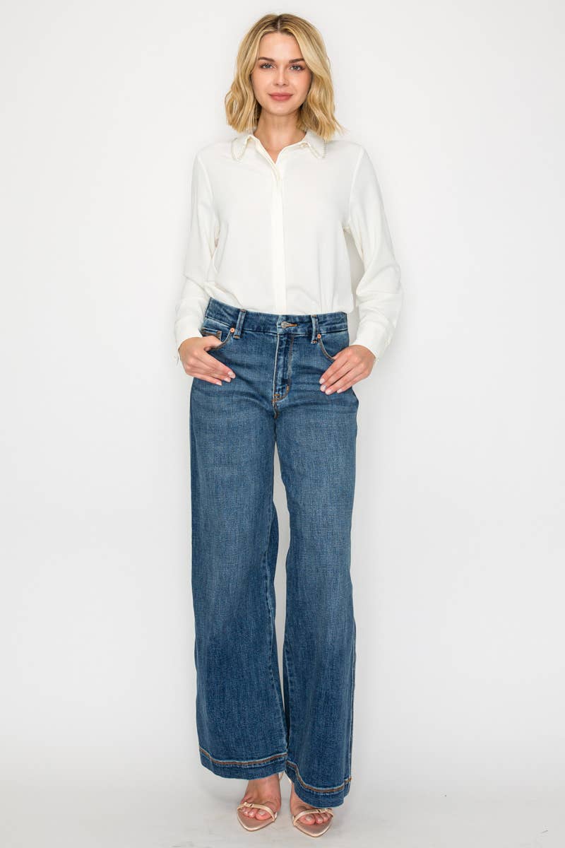  Effortless Chic palazzo jeans - front view showing high-rise waist and ultra-wide leg silhouette in medium stone wash