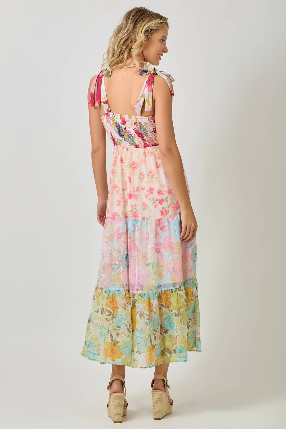 The Garden Dreams Tiered Maxi Dress - back view of strap ties and tiered maxi silhouette