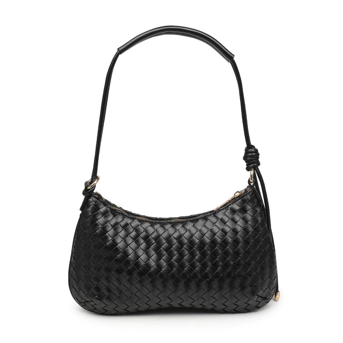 Cindy Woven Crescent Shoulder Bag in Black by Moda Luxe single photo close up on white background 