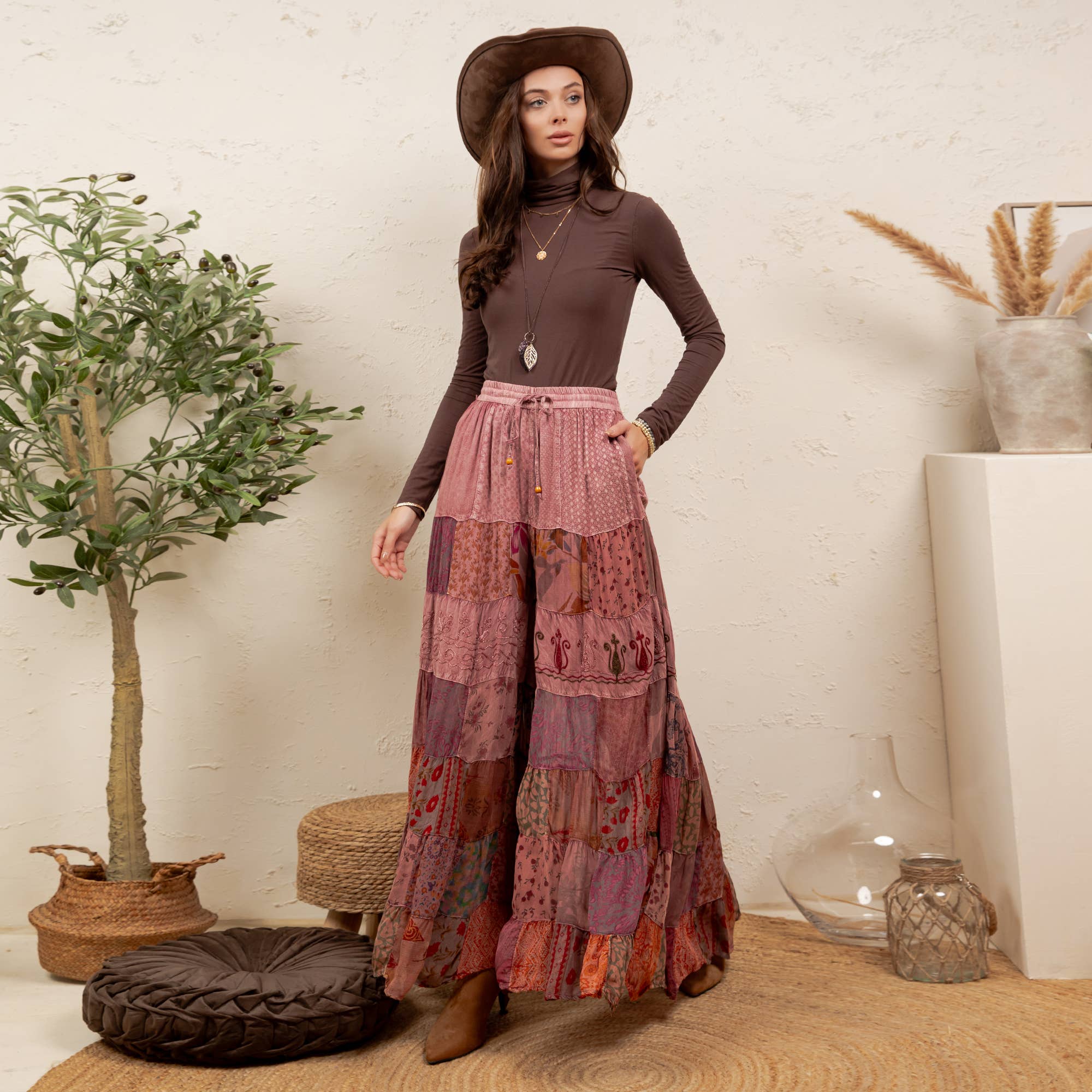 Mixed-Print Tiered Boho Pants – Garnet