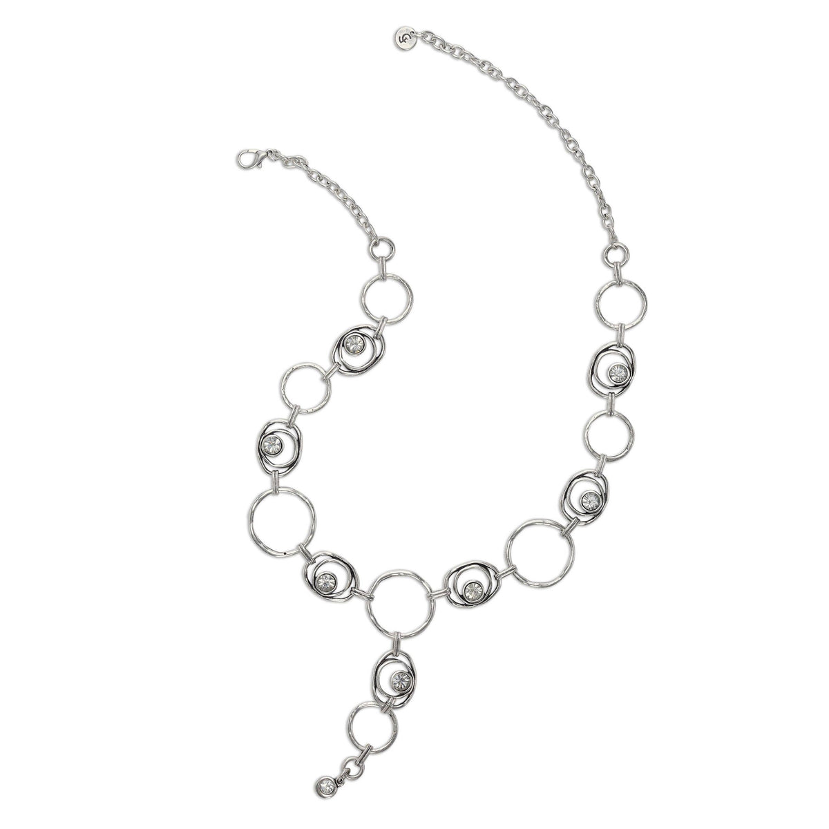 A silver-toned Y-shaped necklace featuring circular and spiral link designs, displayed on a clean white background.