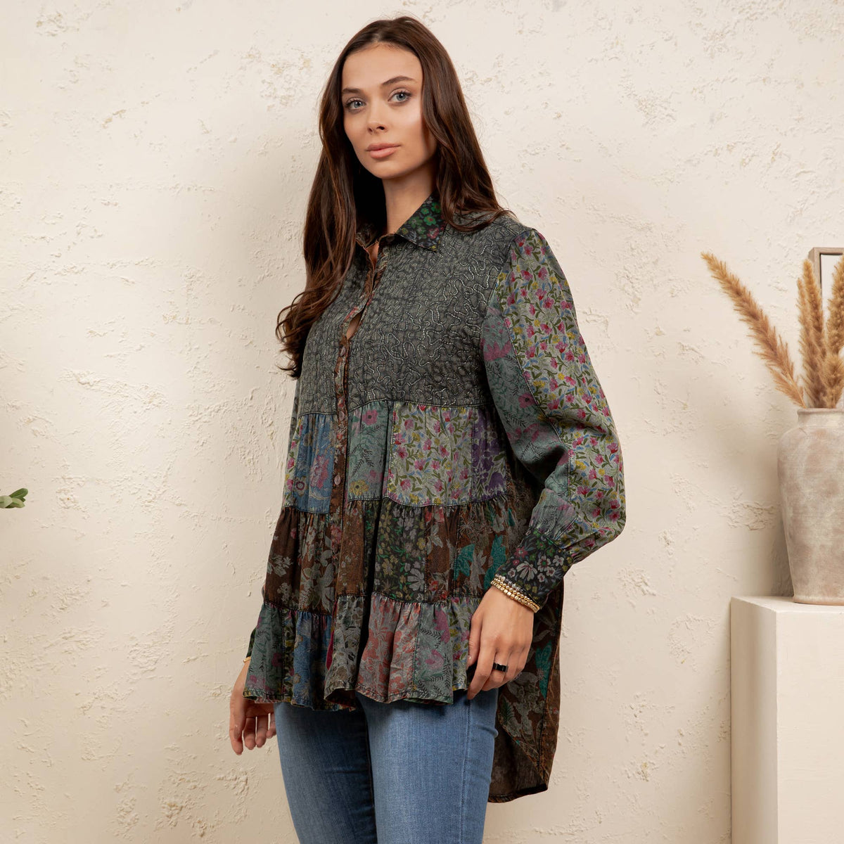 Vintage Floral Boho Button Down Plus