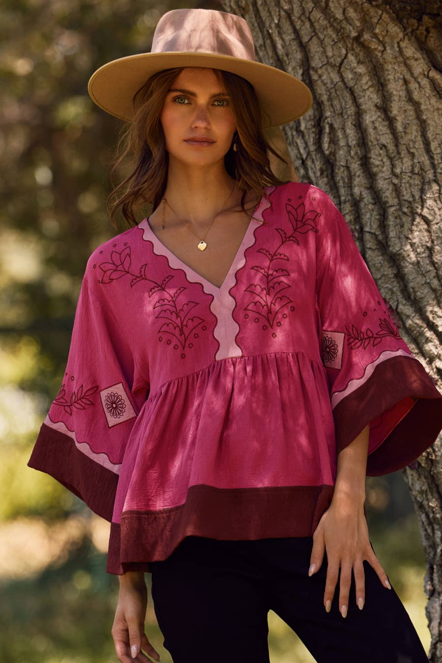 Color block oversized peasant blouse in grey mix with floral embroidery and scalloped placket neckline — boho-luxe women's top by Spirit & Wind Boutique