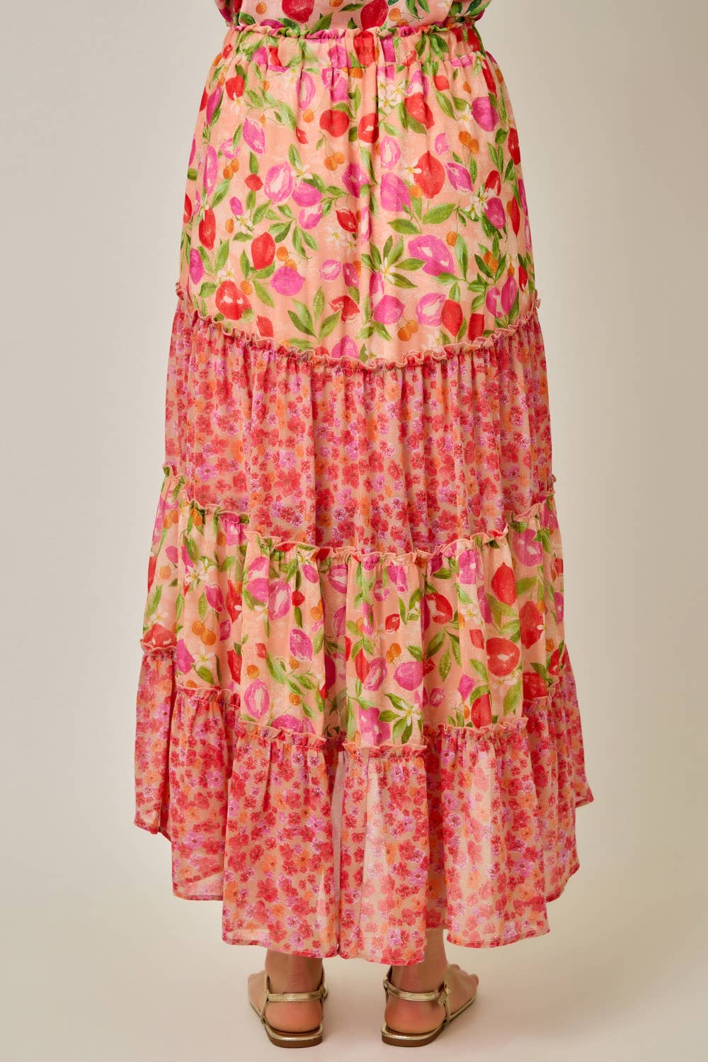 Floral tiered dress on a plain background