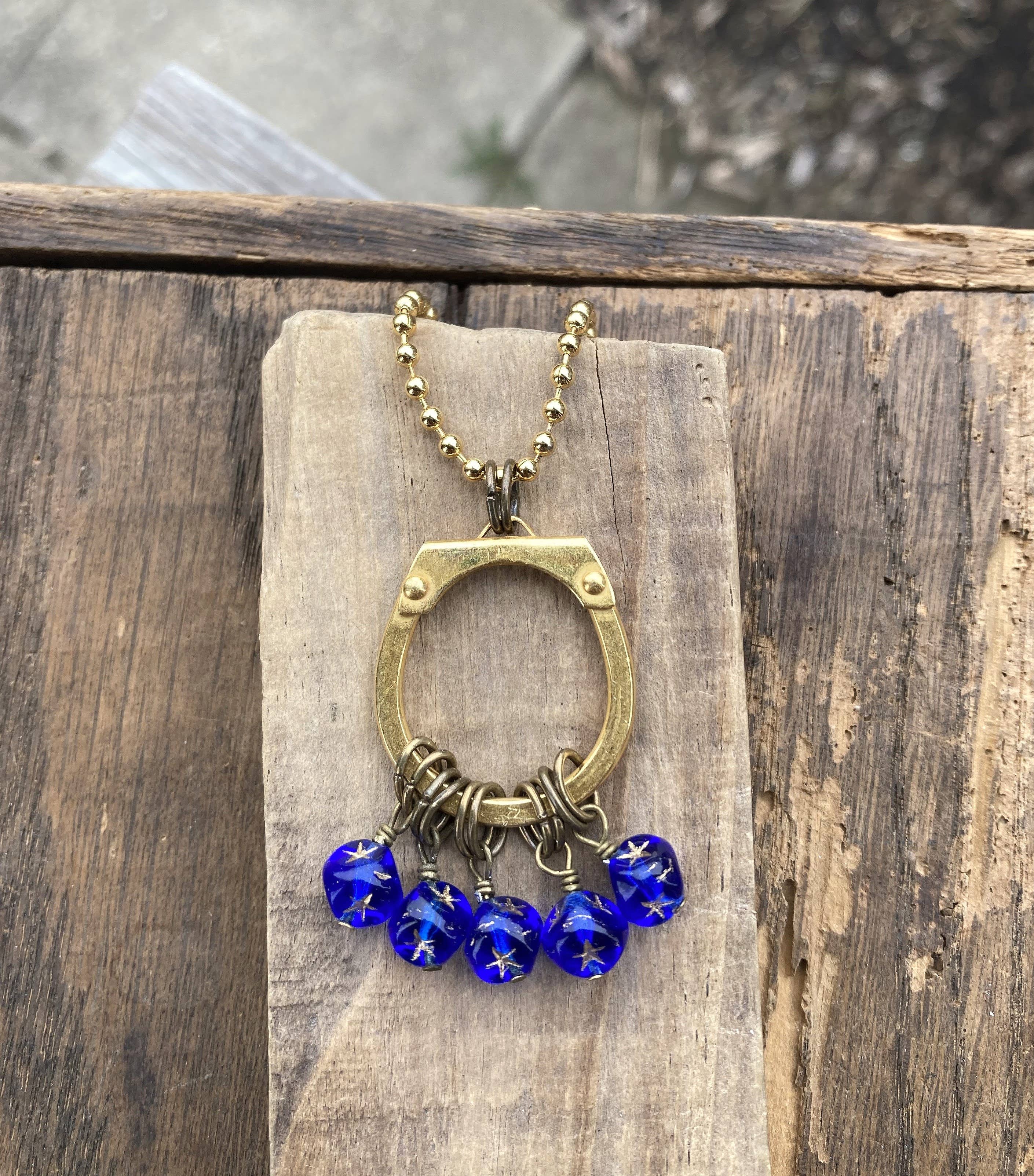 Cobalt & Gold Stars Glass Beaded Pendant Necklace