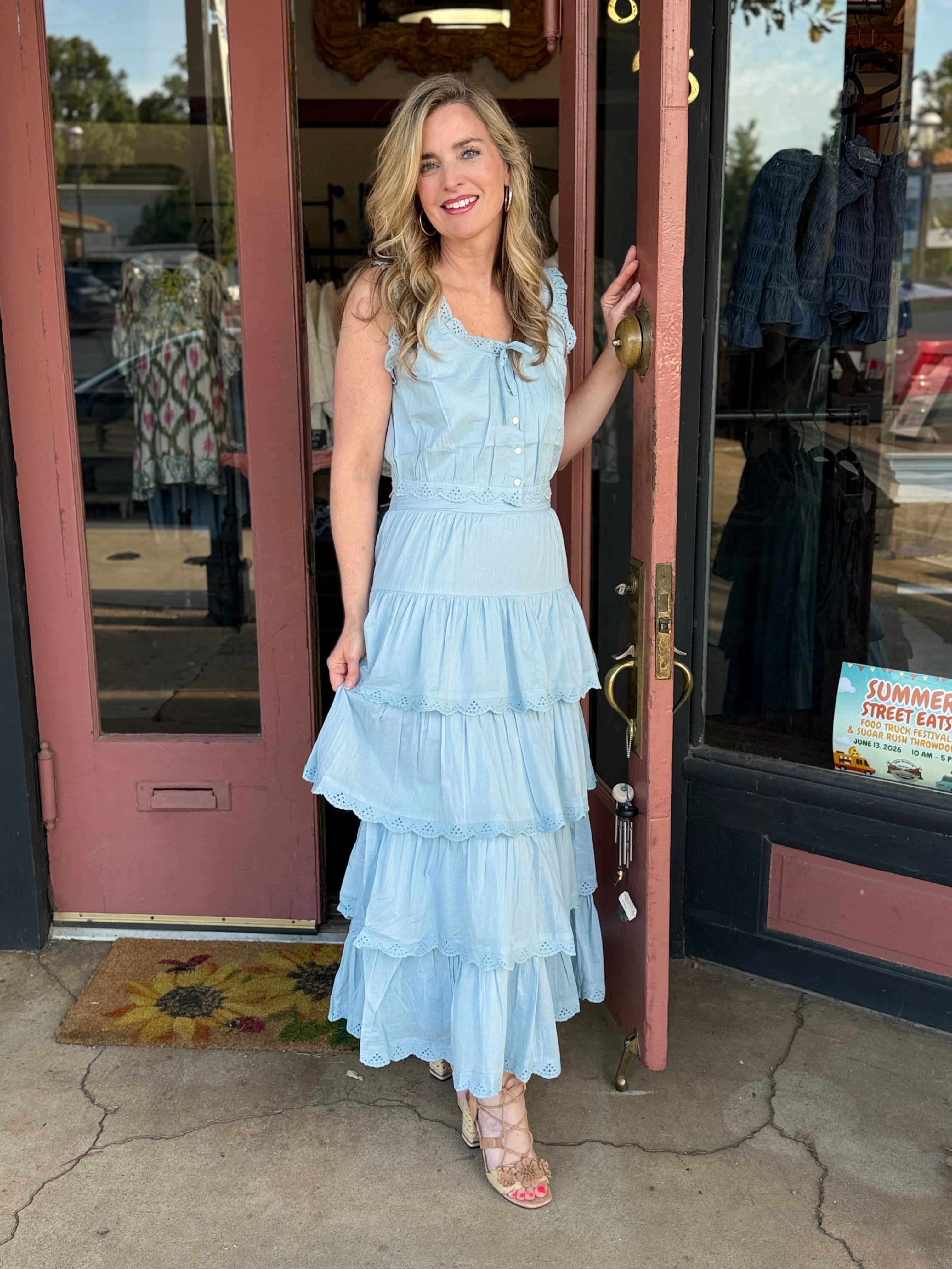 The Cosette Maxi Skirt in Spring Blue – tiered eyelet maxi skirt, front view
