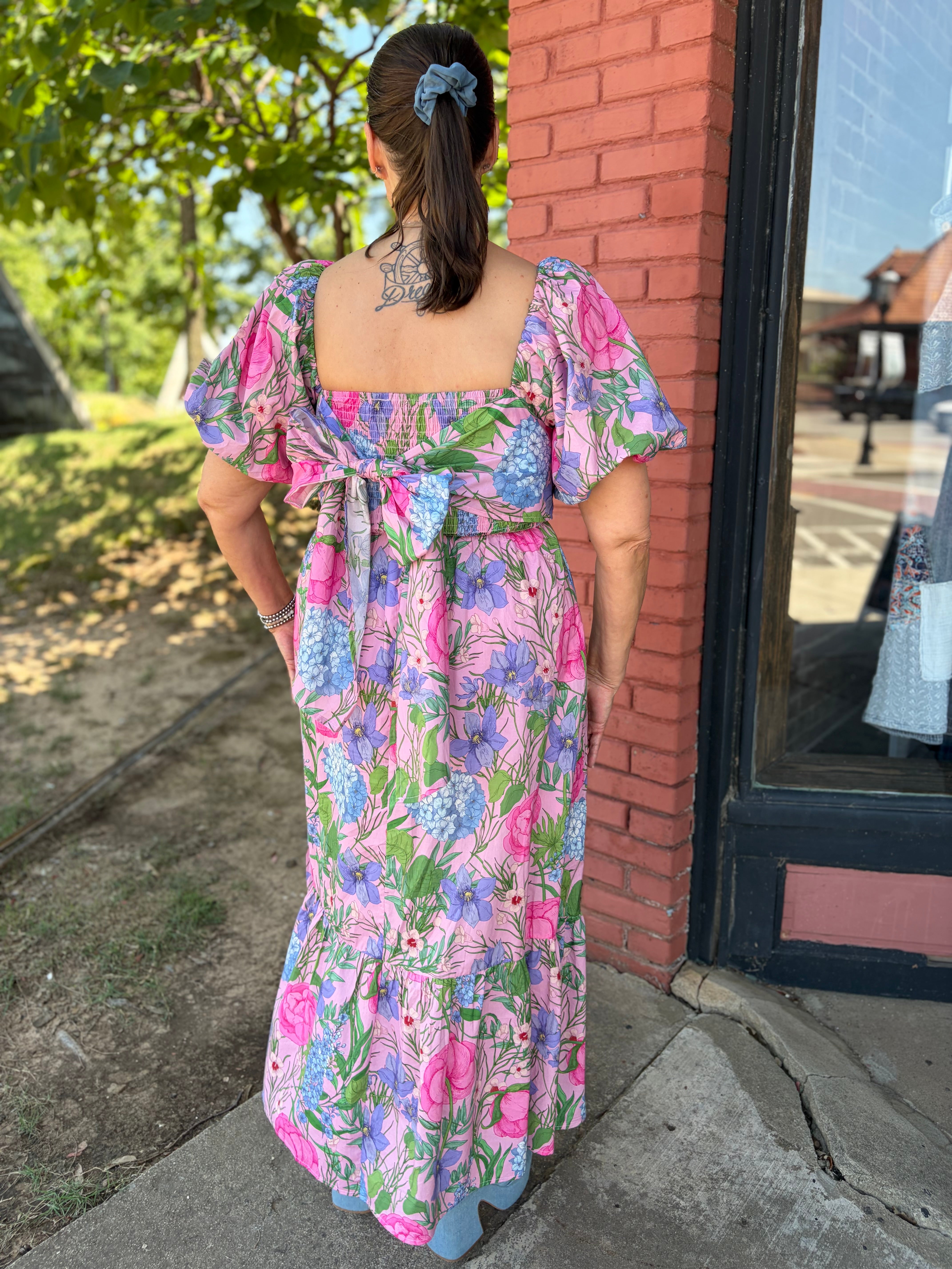 Sweet Puff Floral Midi Dress