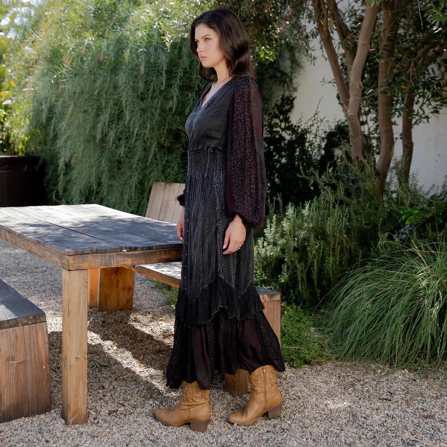 Deep Charcoal Boho Embroidered Maxi Dress - side view