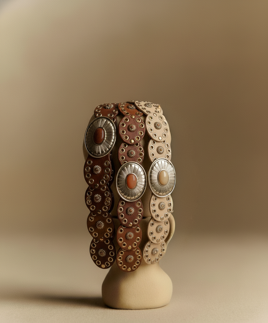 A set of three wide leather wristbands with silver conchos and orange-brown stone centers, displayed on a beige ceramic stand against a warm beige background.