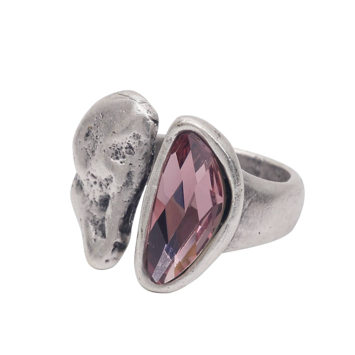 Silver ring with a pink gemstone on a white background