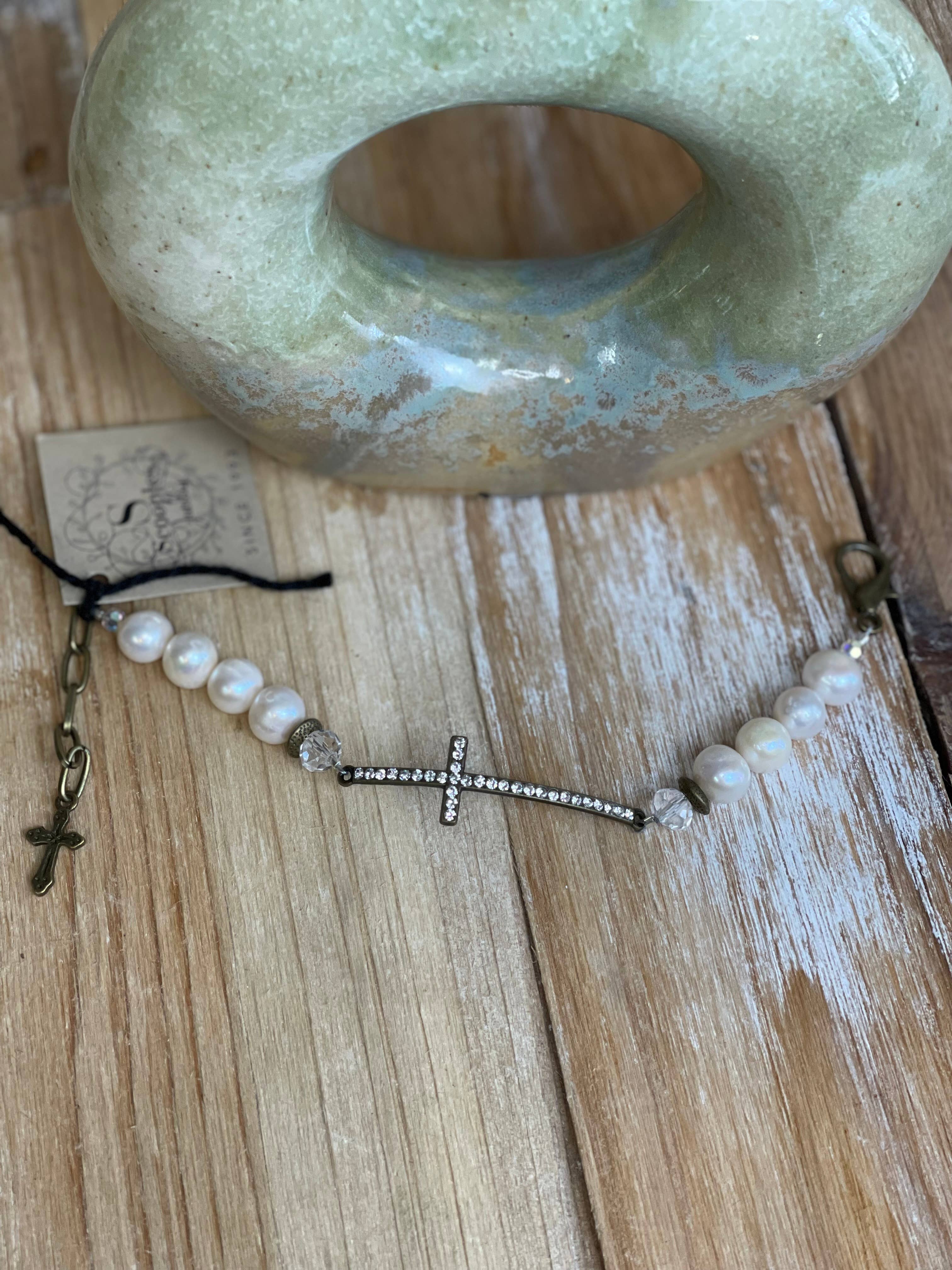 Pearl Crystal Cross Bracelet