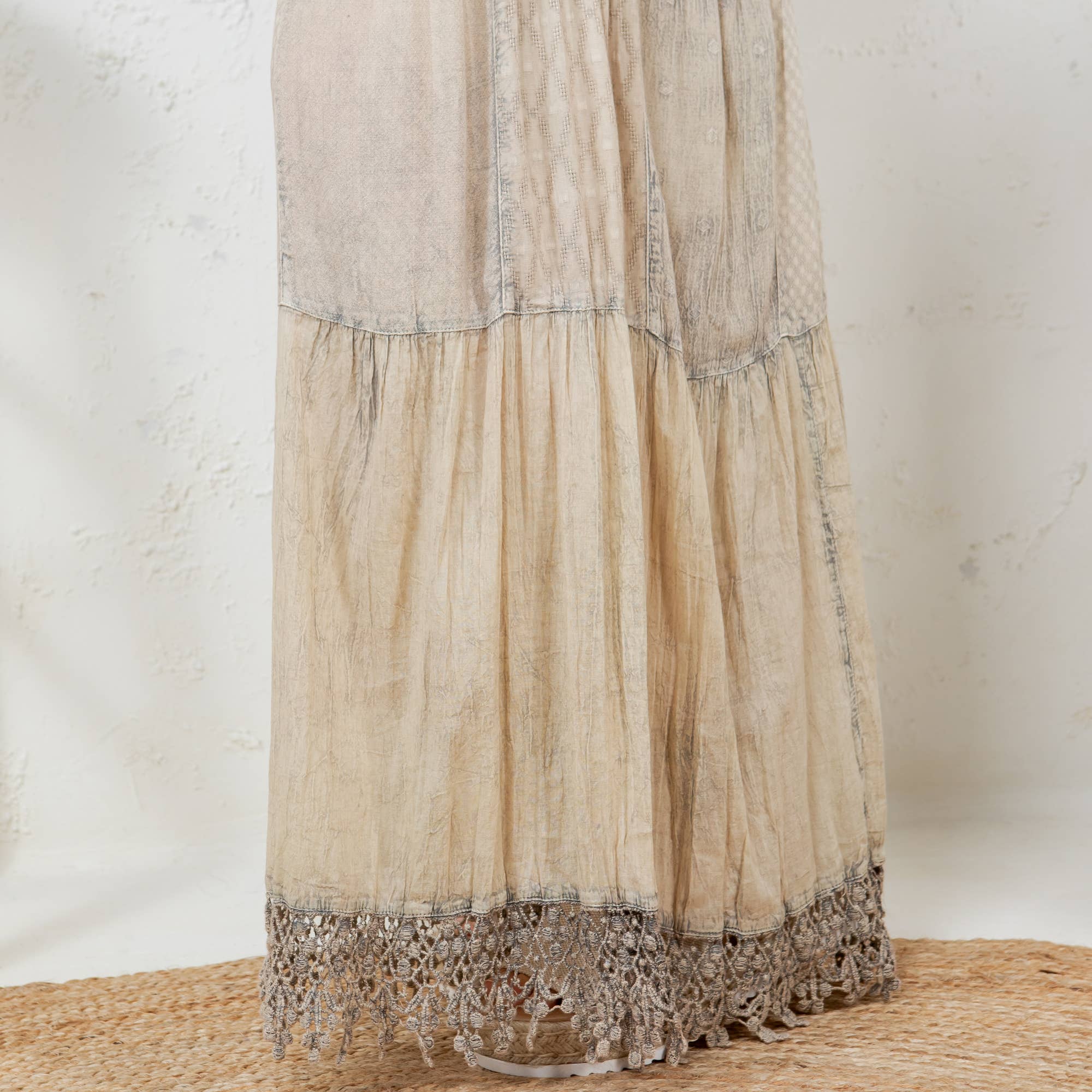 Artisan boho pants texture detail - unique one-of-a-kind patchwork with denim and delicate lace accents