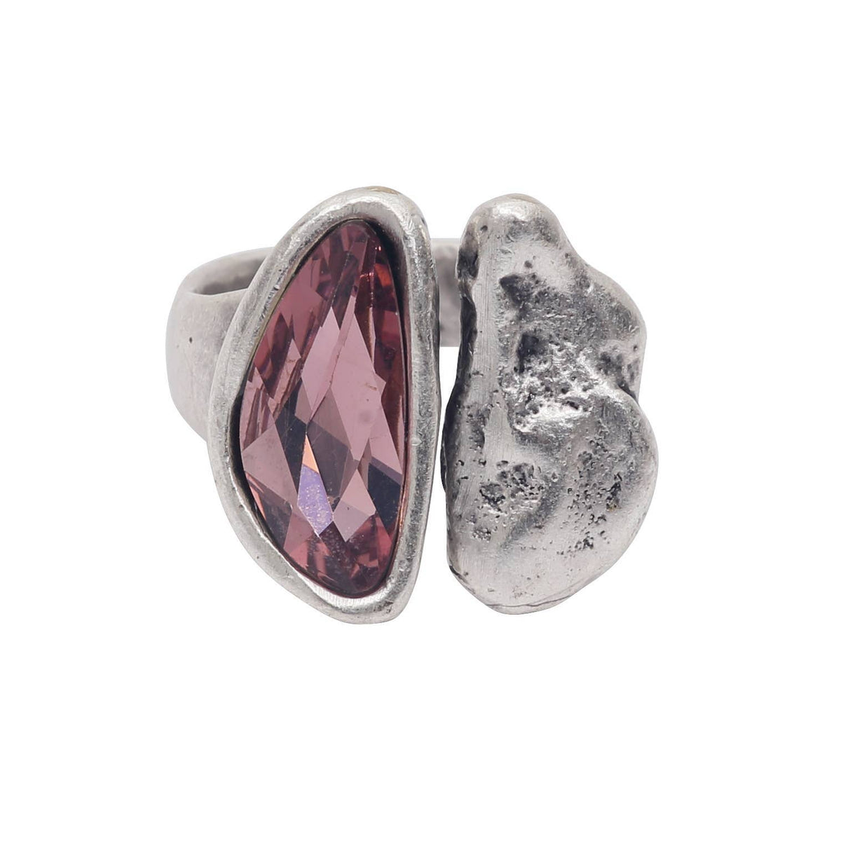 Silver ring with a pink gemstone on a white background