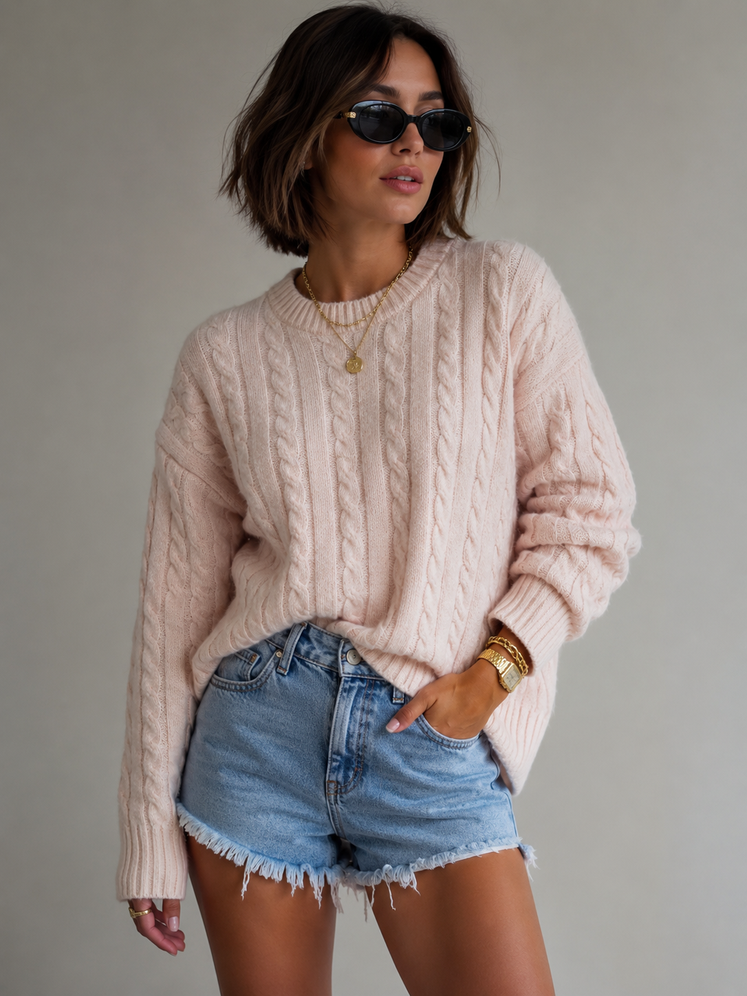 A woman wearing a light pink cable-knit sweater and light-wash denim shorts, styled with sunglasses, gold jewelry, and standing against a neutral gray background.