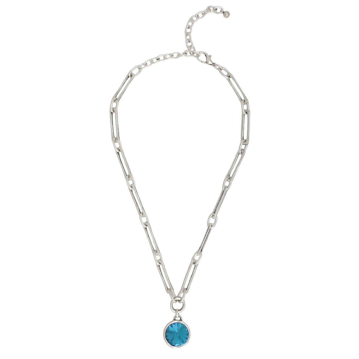A silver-toned chain necklace featuring a unique elongated link design and a small round bezel-set blue gemstone pendant, displayed on a clean white background.