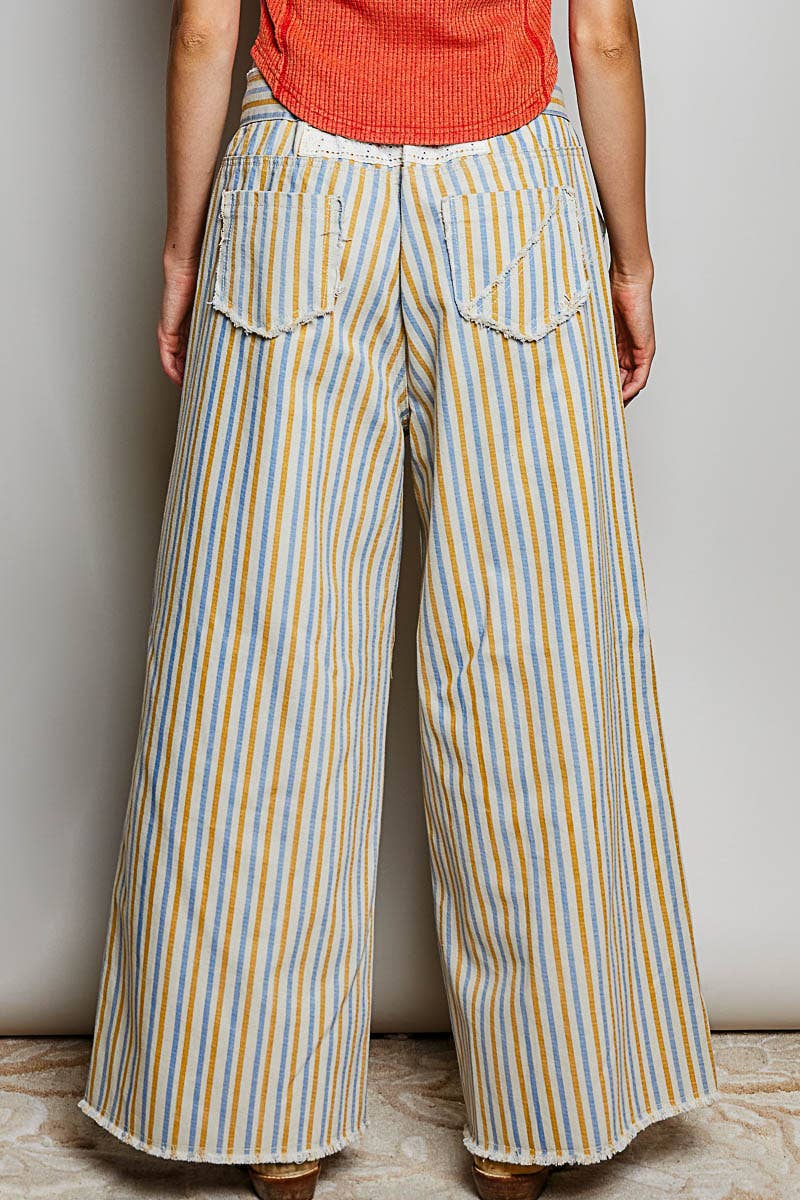 Back view of Marigold Revival mustard and blue striped jeans with frayed patch pockets and wide-leg hems.

