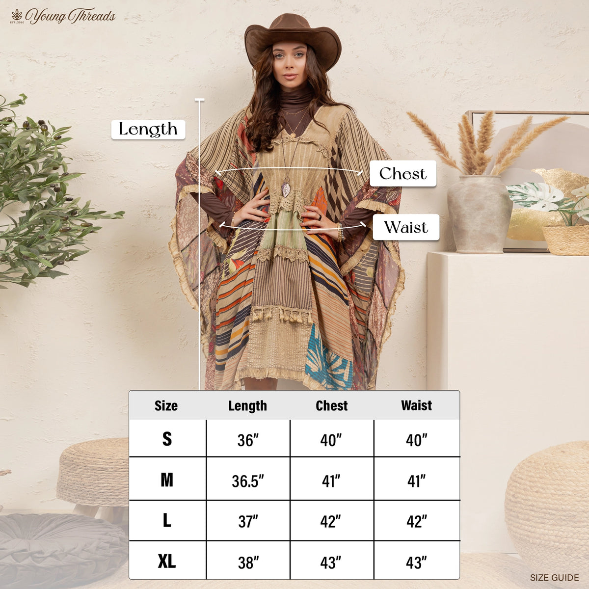 Woman wearing a patterned dress with size chart annotations in a home setting.