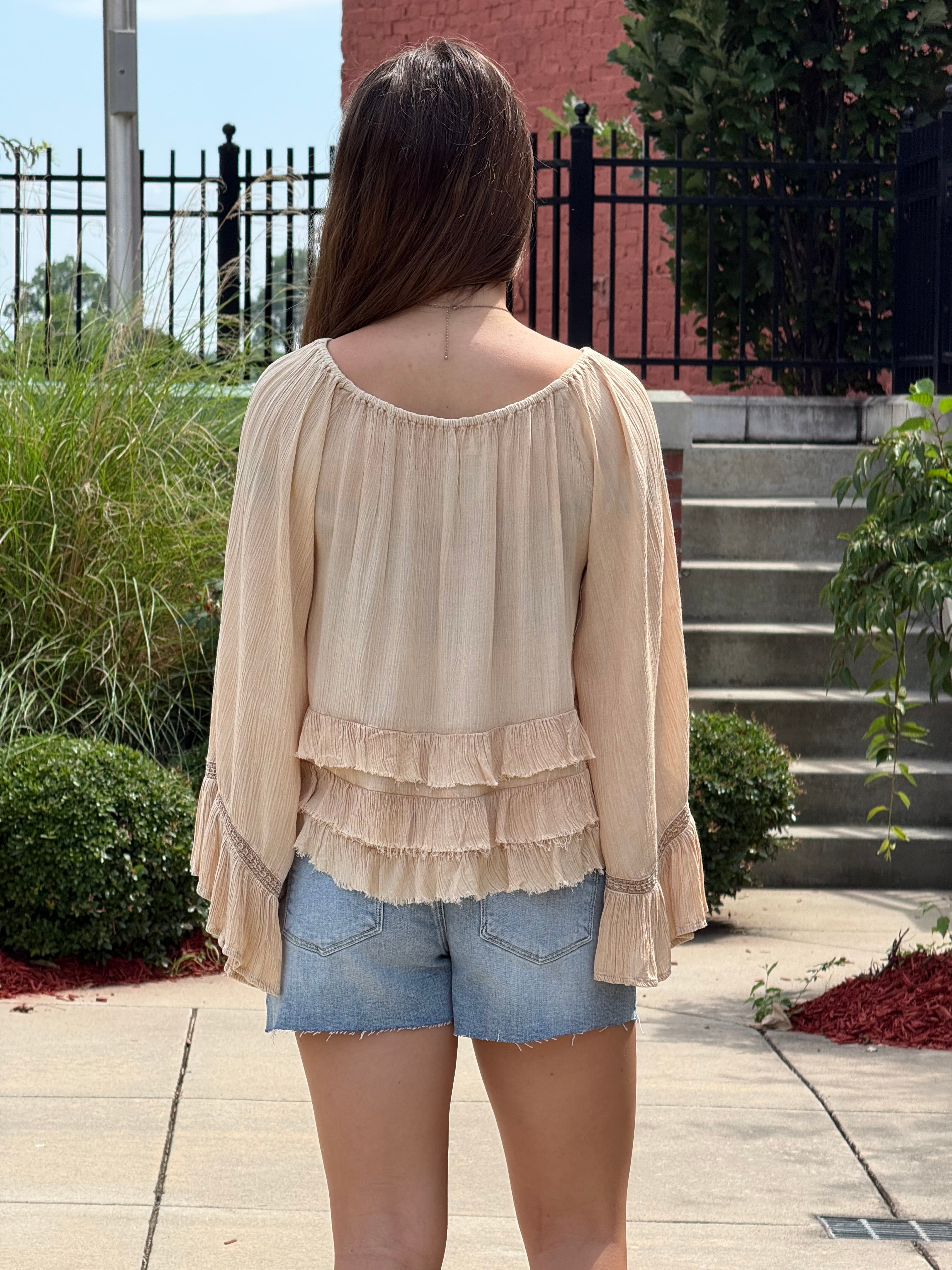 Almond Tiered Ruffle Bell Sleeve Top
