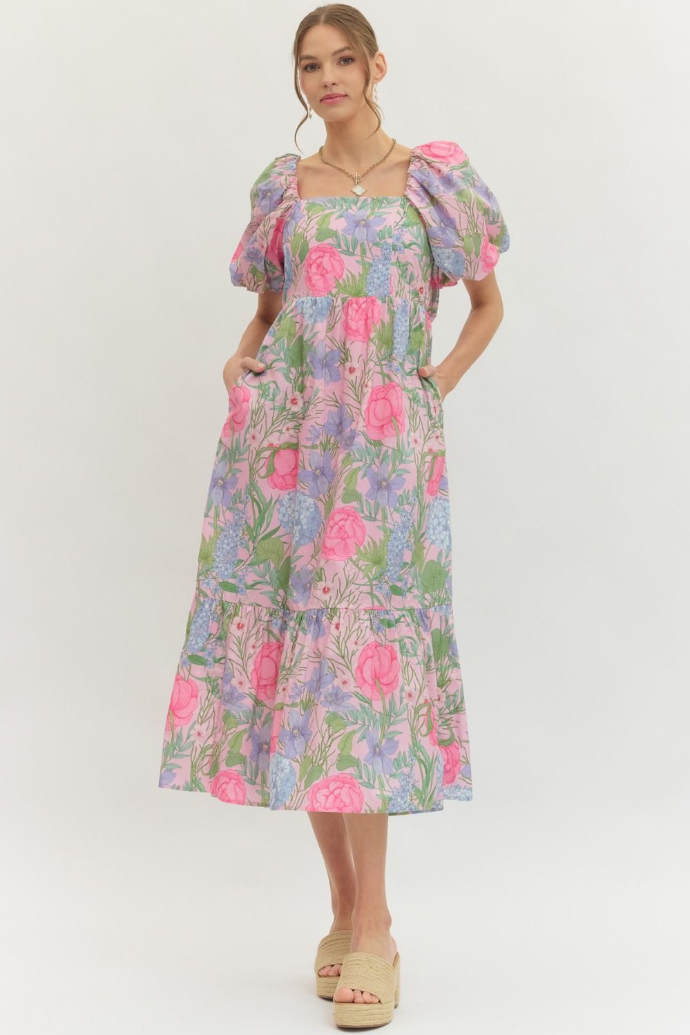 Sweet Puff Floral Midi Dress front view