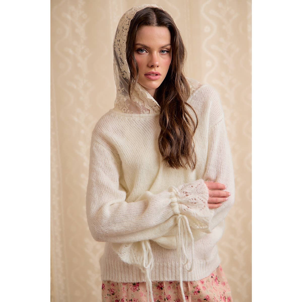 Ivory Lace Hoodie Fringe Sweater