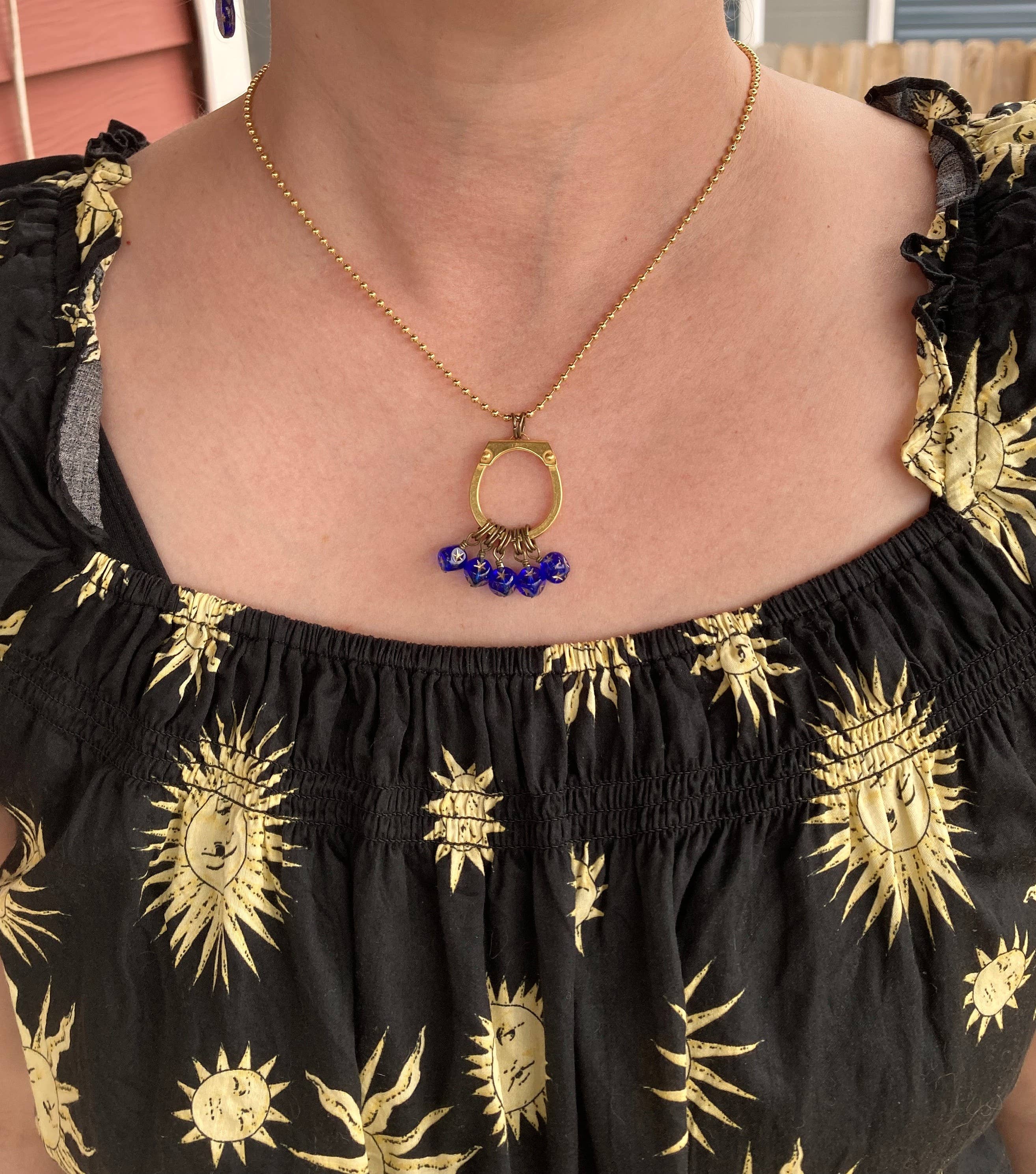 Cobalt & Gold Stars Glass Beaded Pendant Necklace