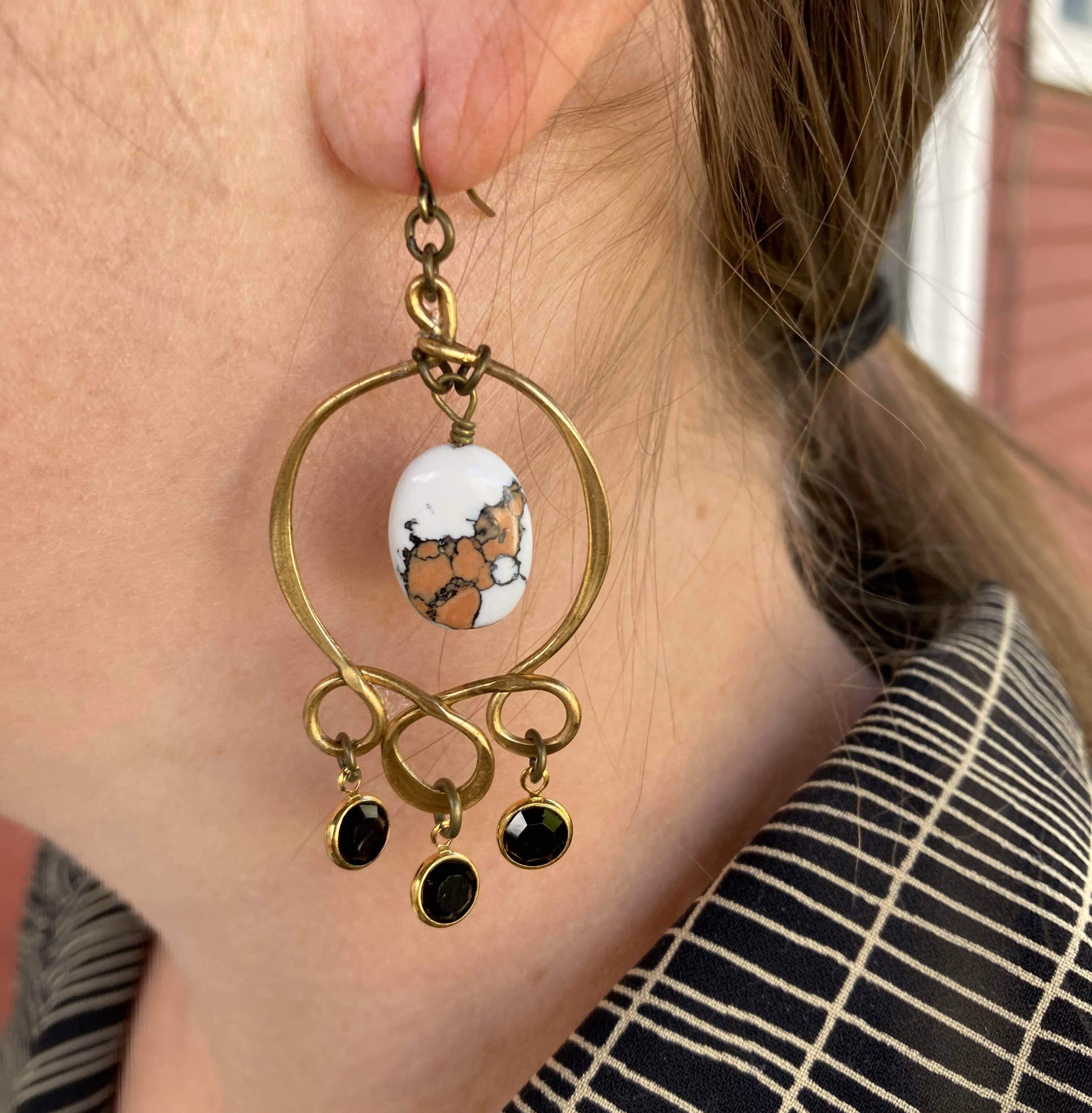 Black Orange & White Brass Boho Chandelier Earrings