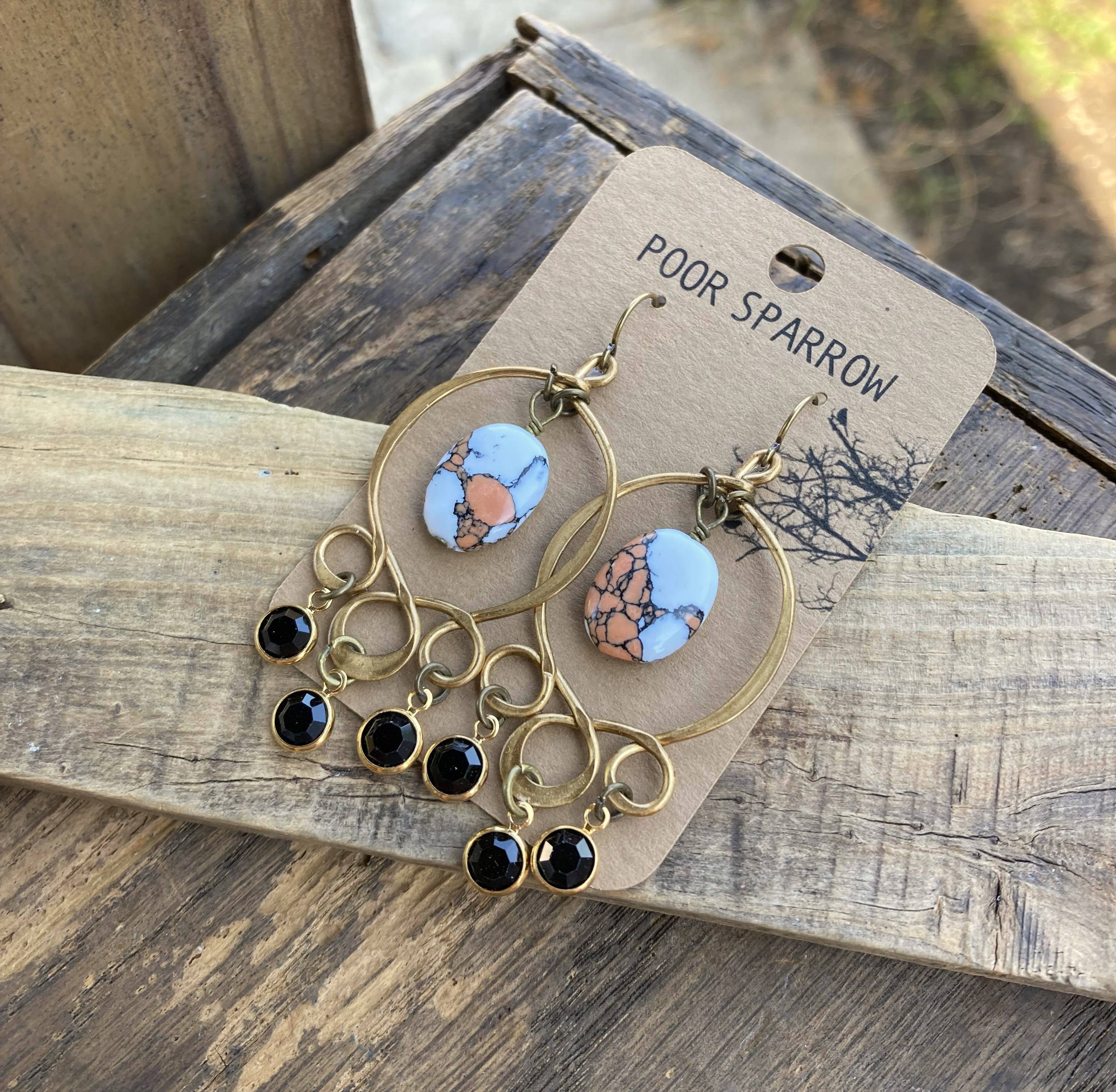 Black Orange & White Brass Boho Chandelier Earrings