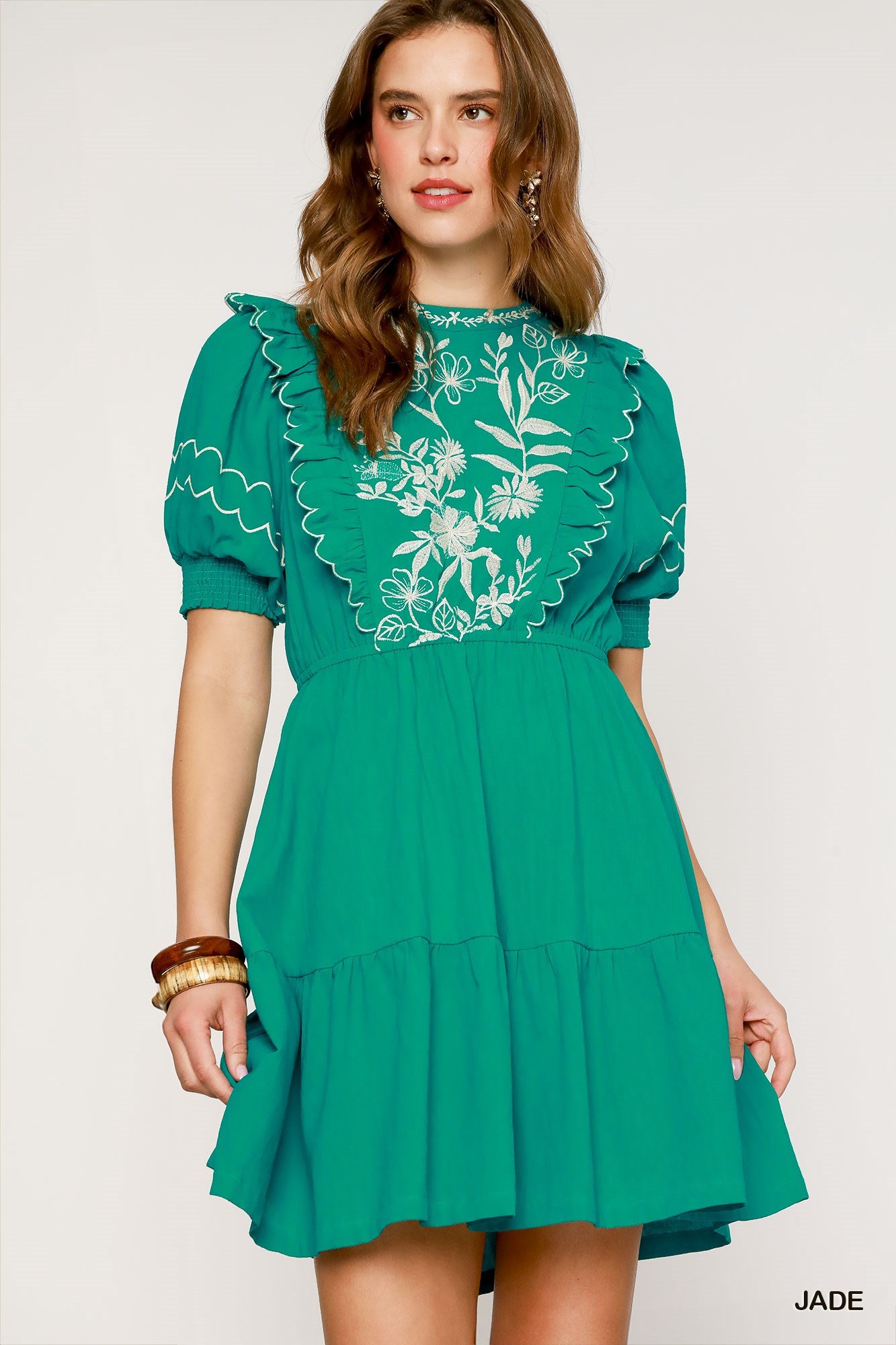 Sofia Embroidered Mini Dress in Jade – A-line silhouette with ruffle trim and embroidered detailing | Spirit & Wind Boutique
