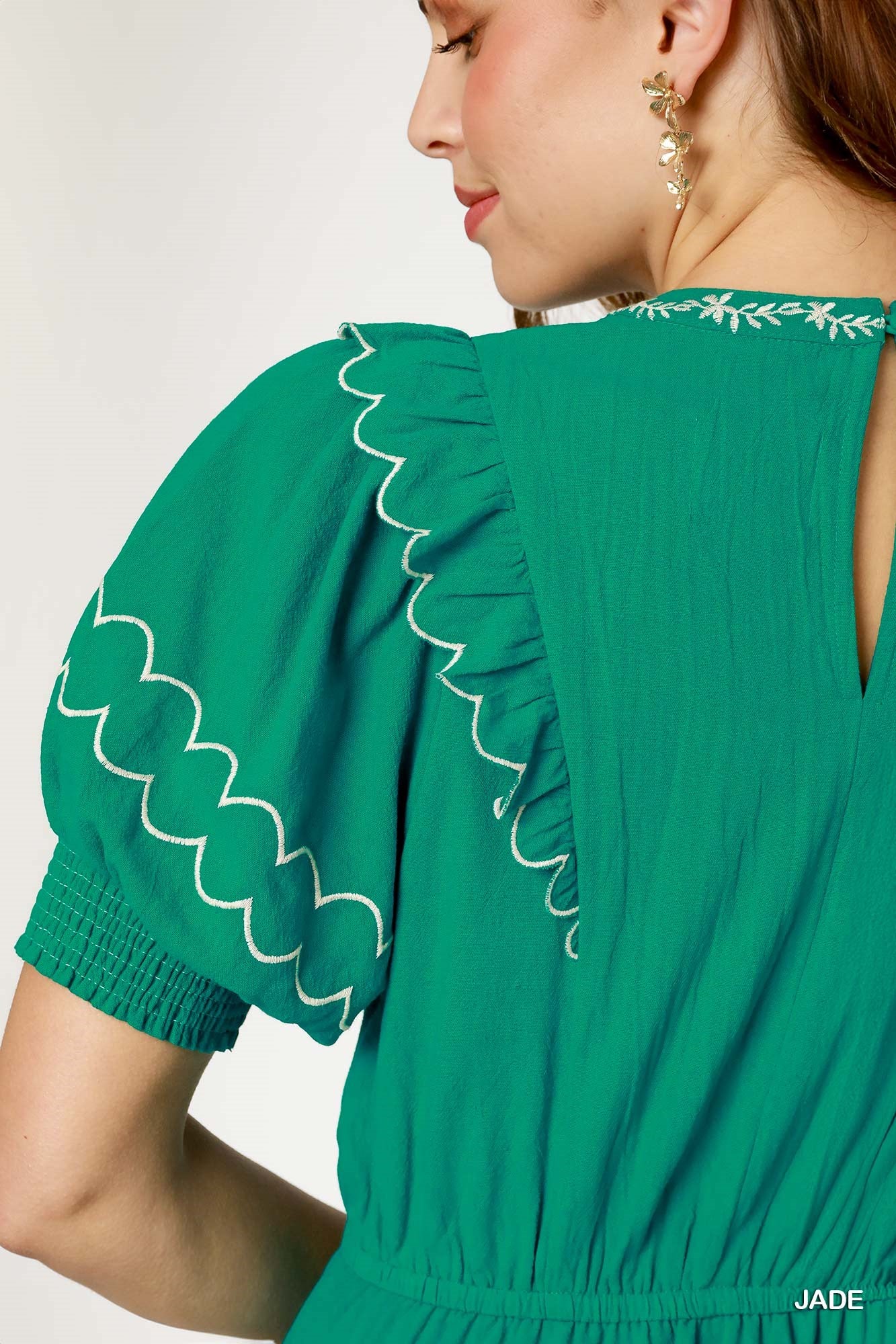 Back view of the Sofia Embroidered Mini Dress in Jade – 100% cotton A-line dress with ruffle trim and back keyhole button closure | Spirit & Wind Boutique
