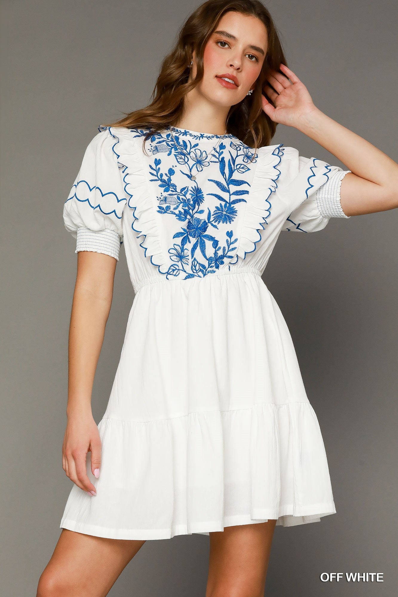 Sofia Embroidered Mini Dress in White – 100% cotton A-line dress with ruffle trim and back keyhole button closure | Spirit & Wind Boutique
