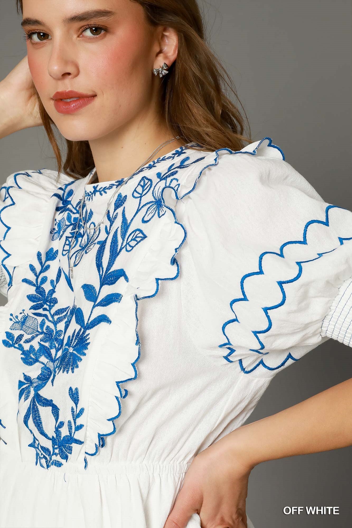 Close up view of Sofia Embroidered Mini Dress in White – 100% cotton A-line dress with ruffle trim and back keyhole button closure | Spirit & Wind Boutique
