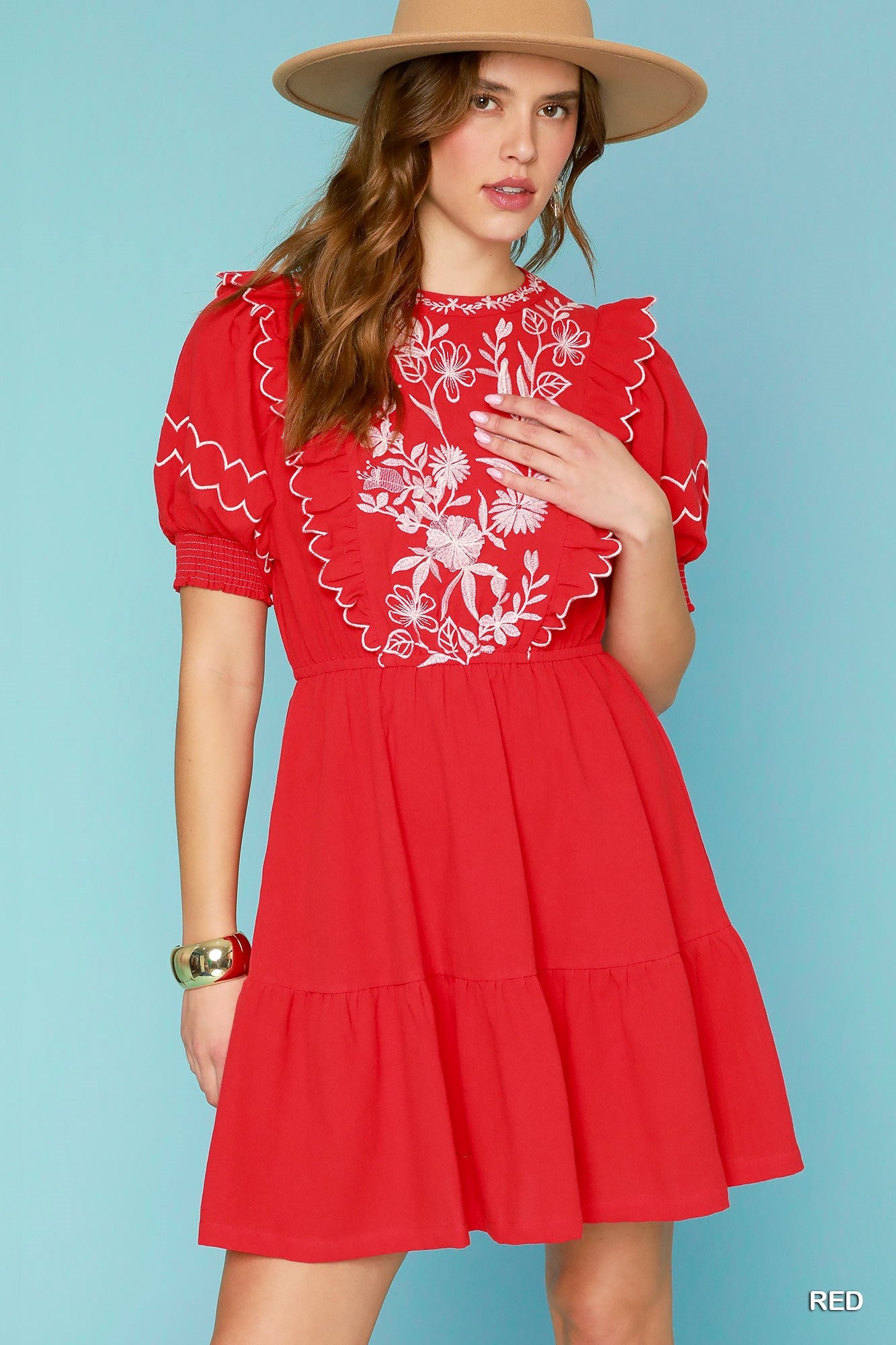 Sofia Embroidered Mini Dress in Red – Boho A-line mini dress with delicate embroidery and ruffle detailing | Spirit & Wind Boutique
