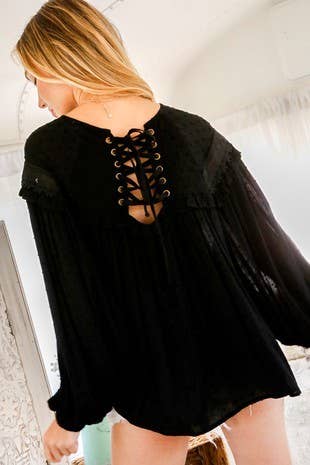 Swiss Dot Lace-Up Patterned Blouse