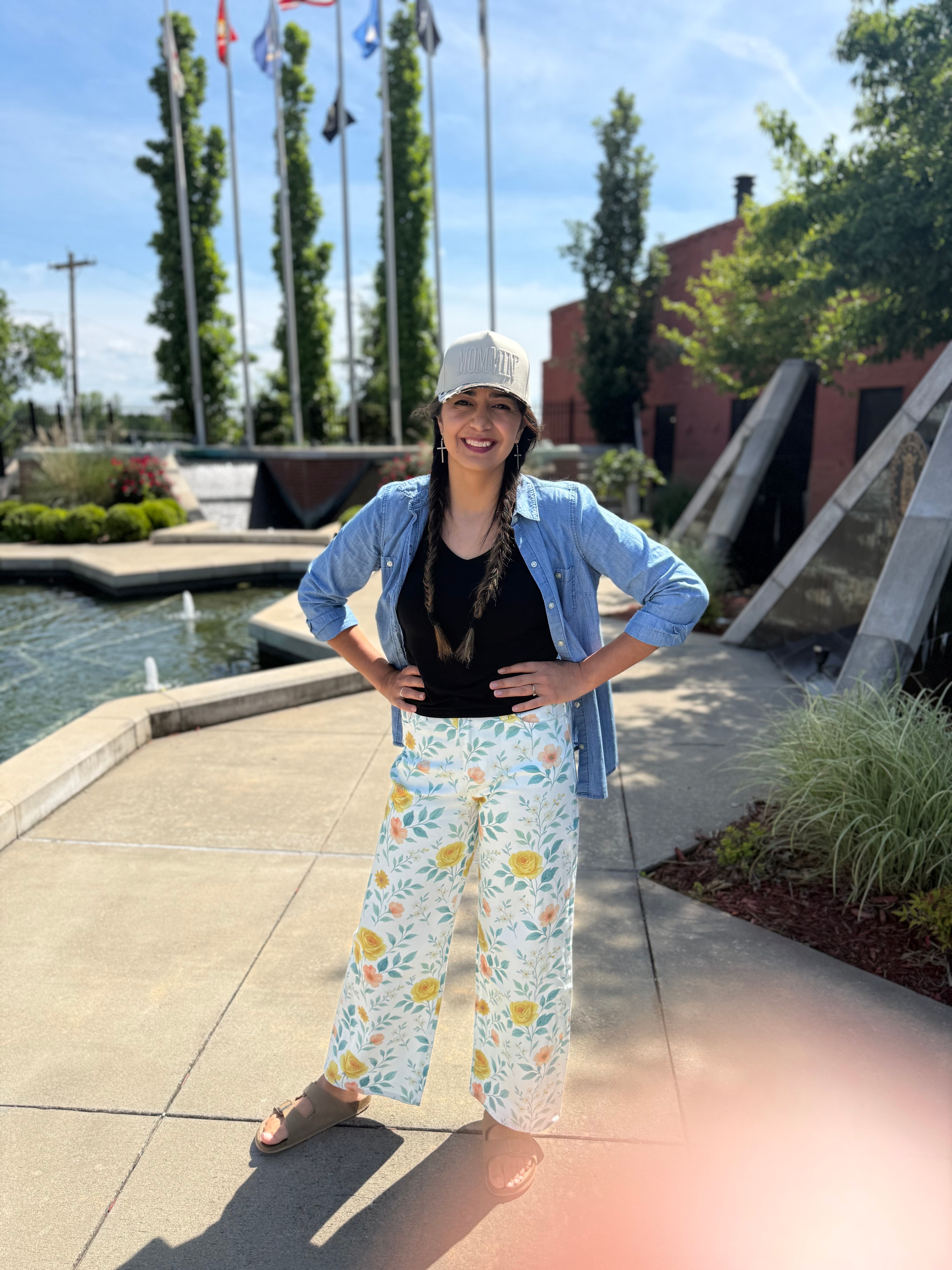 Flora Watercolor Jean – wide-leg watercolor bloom print jeans, front view, Spirit & Wind Boutique

