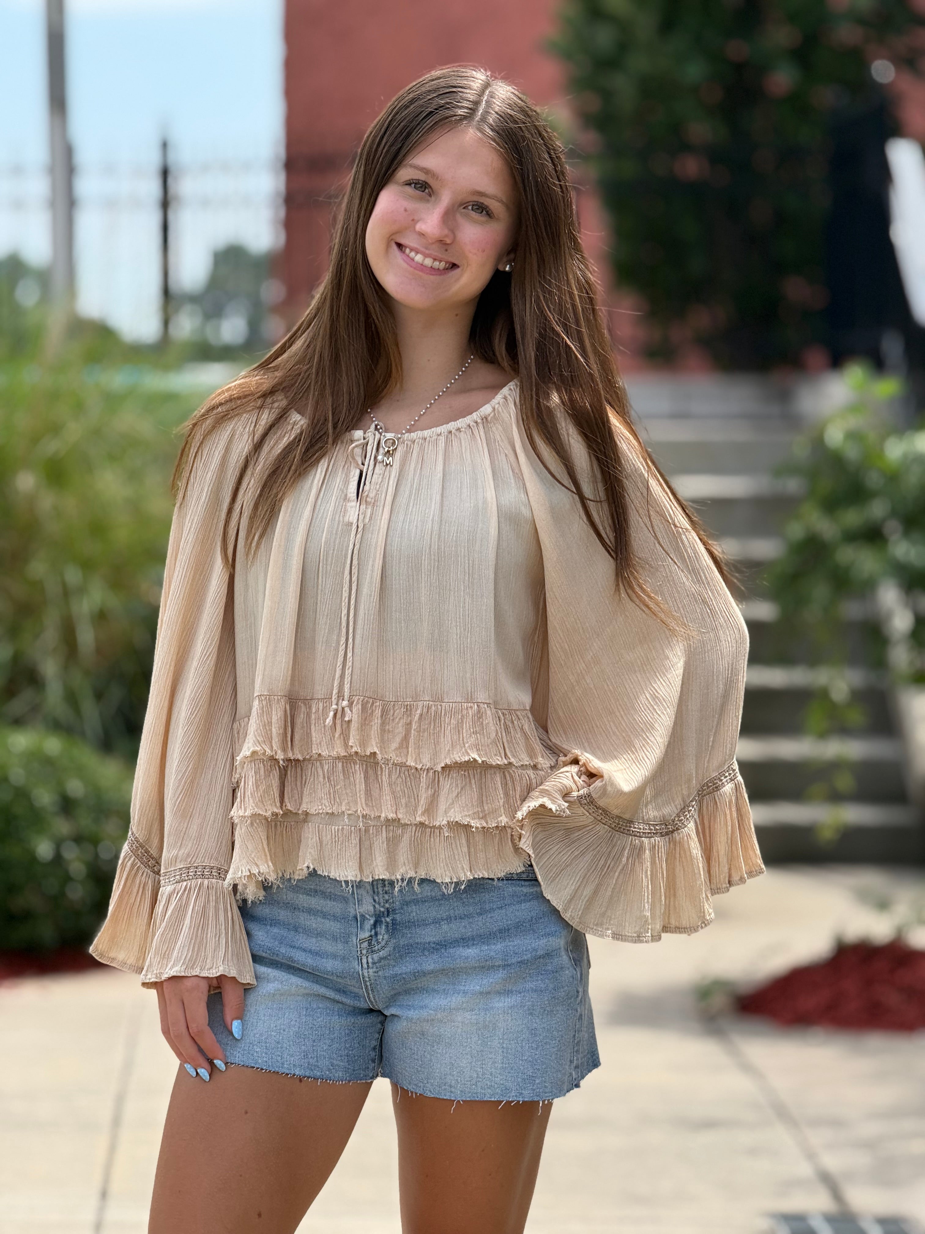 Almond Tiered Ruffle Bell Sleeve Top