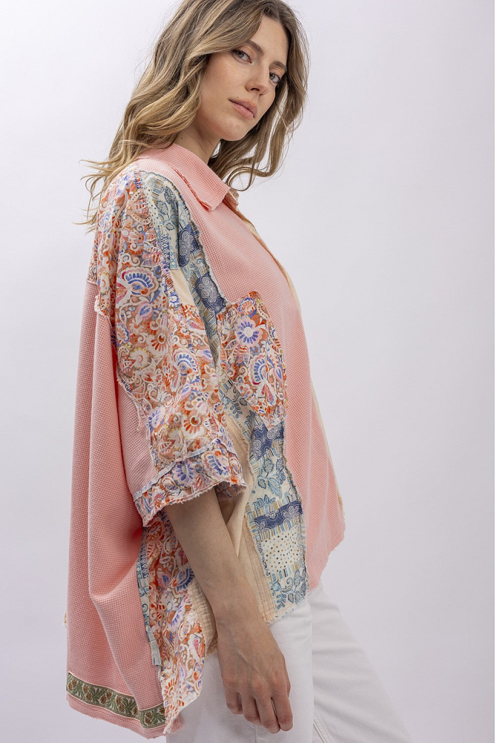 The Patchwork Garden Shirt side view showing oversized relaxed fit and three-quarter sleeves"