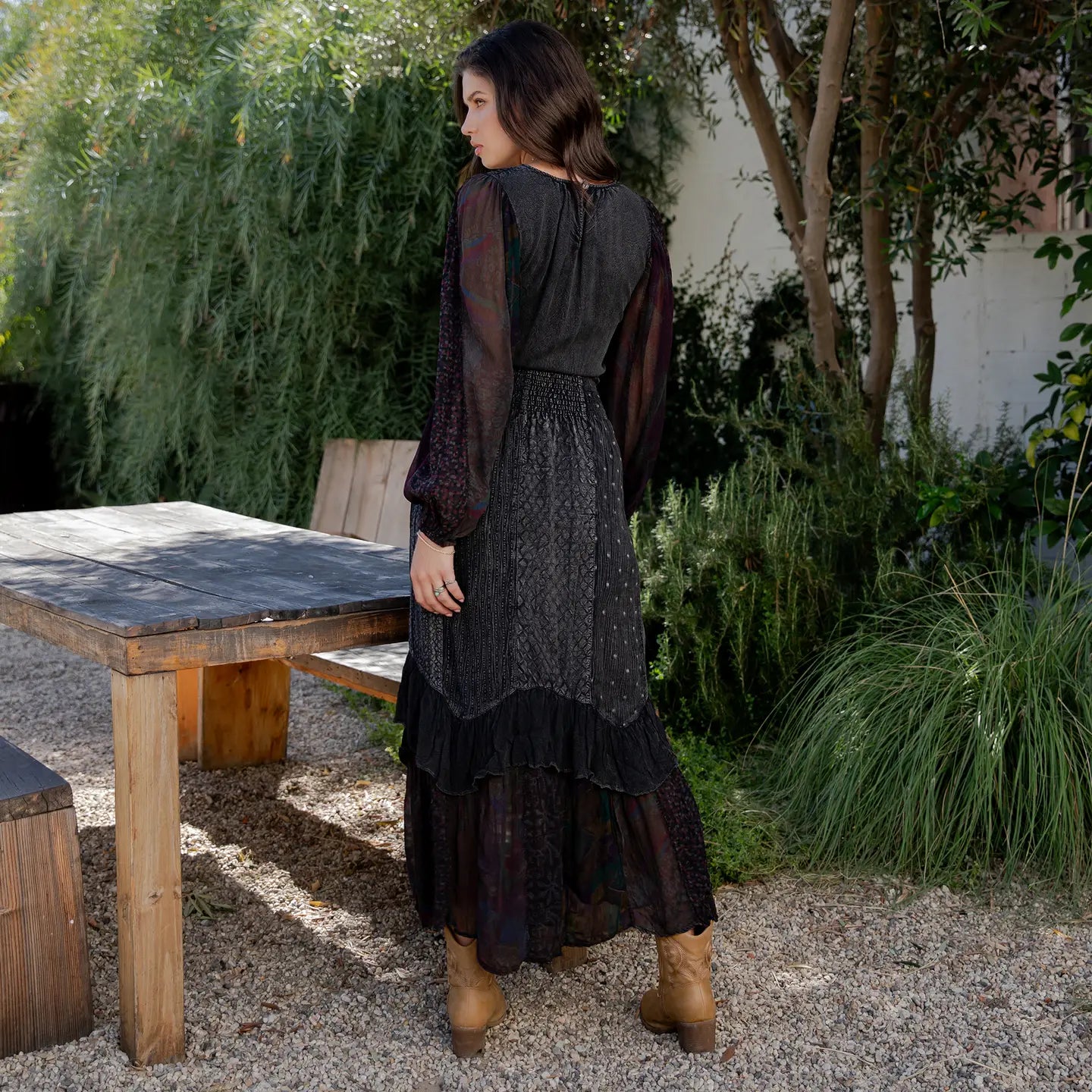 Deep Charcoal Boho Embroidered Maxi Dress - back view