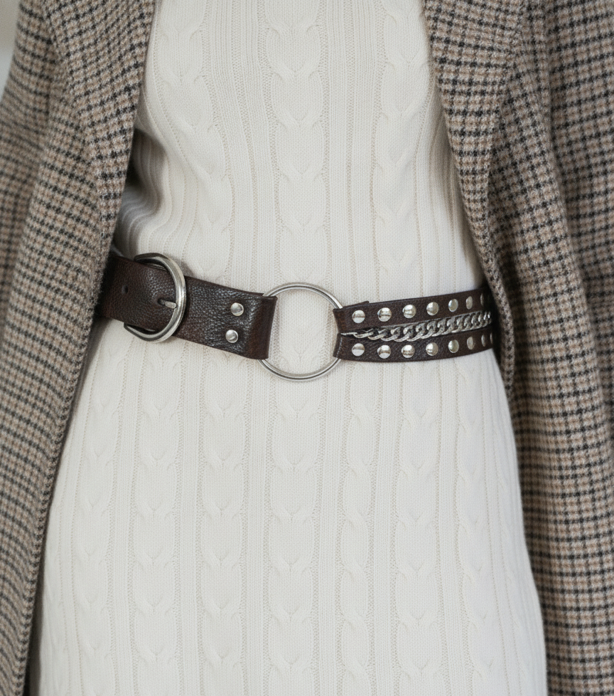 A dark brown faux-leather belt with silver-tone hardware, including a large oval ring, studded edges, and a chain detail, worn over a white cable-knit sweater and a brown plaid blazer.
