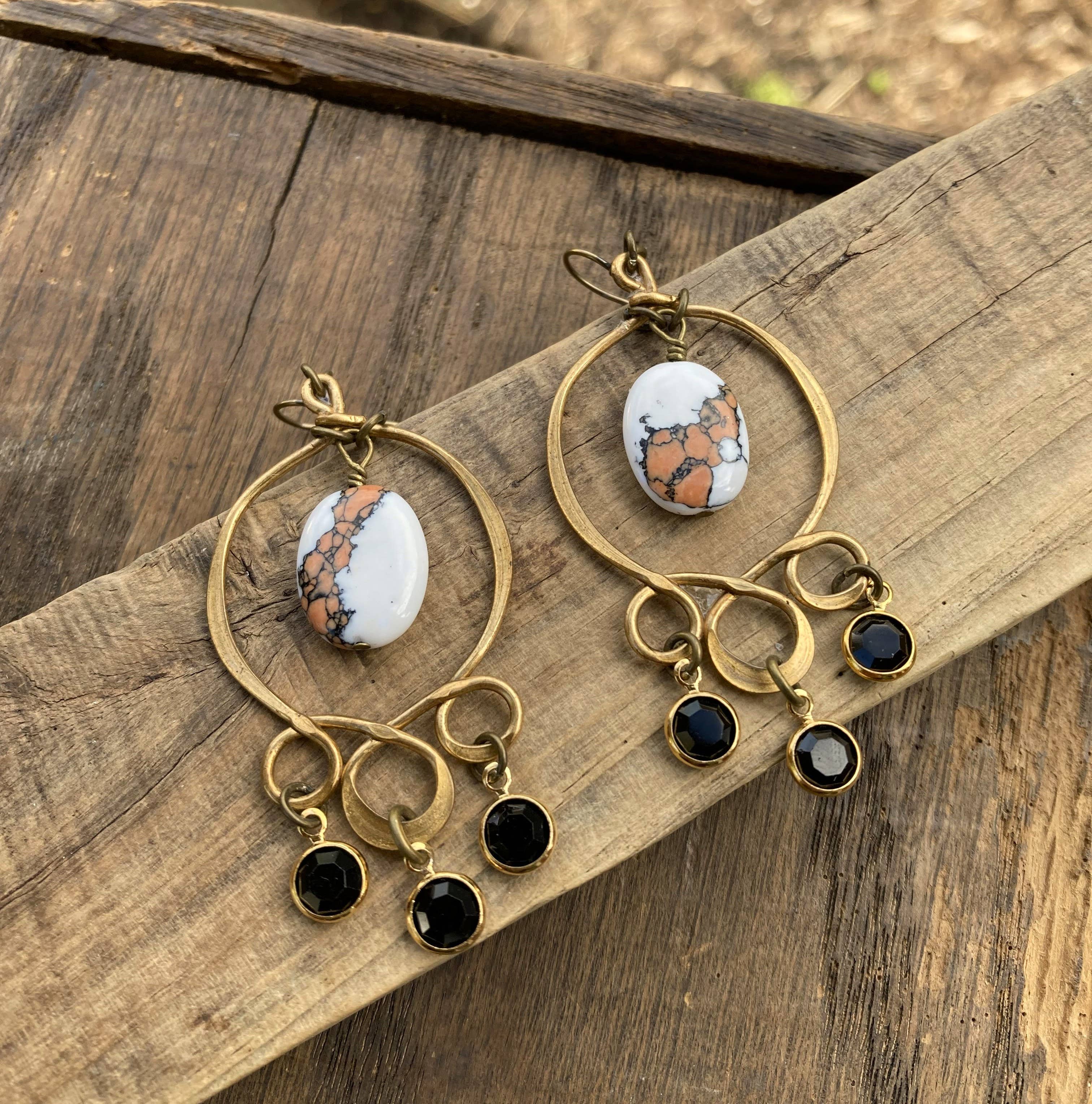 Black Orange & White Brass Boho Chandelier Earrings