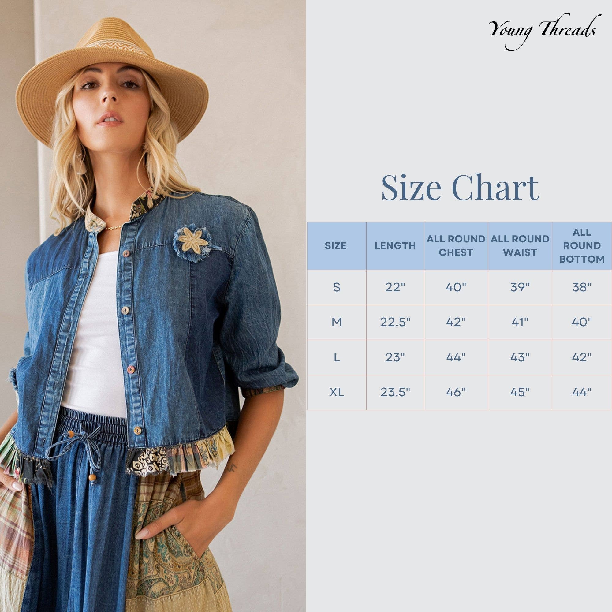 Woman wearing a denim jacket with a size chart on a plain background
