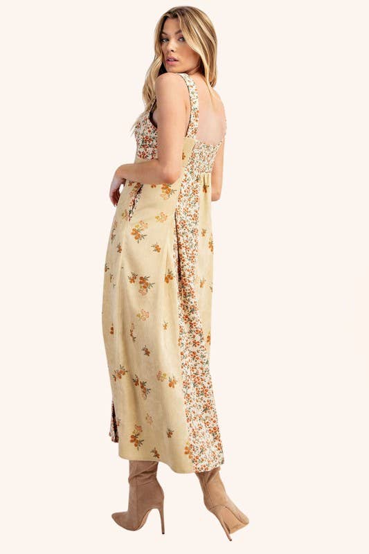 Cottagecore patchwork floral A-line midi with sweetheart bodice and pockets