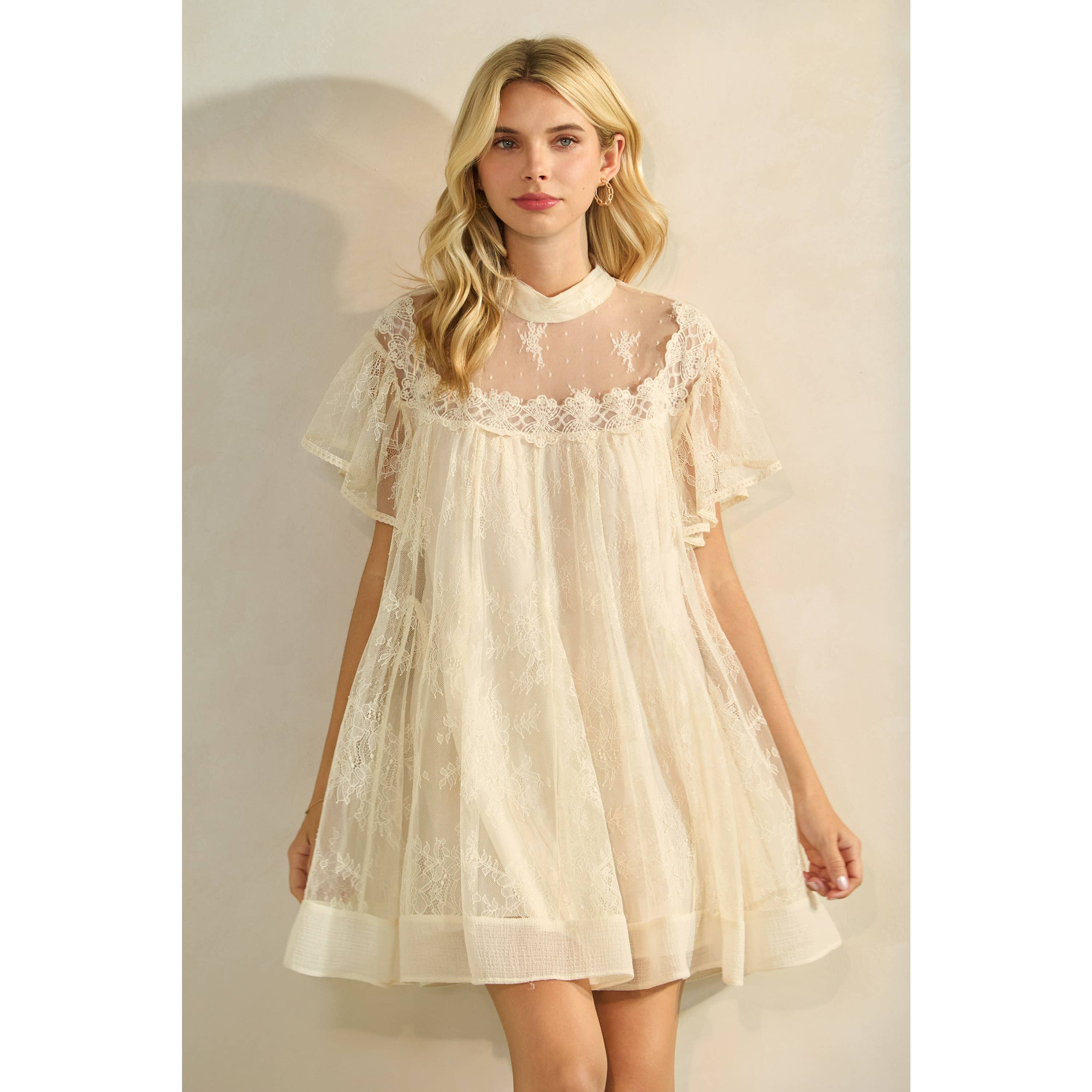 Lace flutter sleeve mock neck mini dress