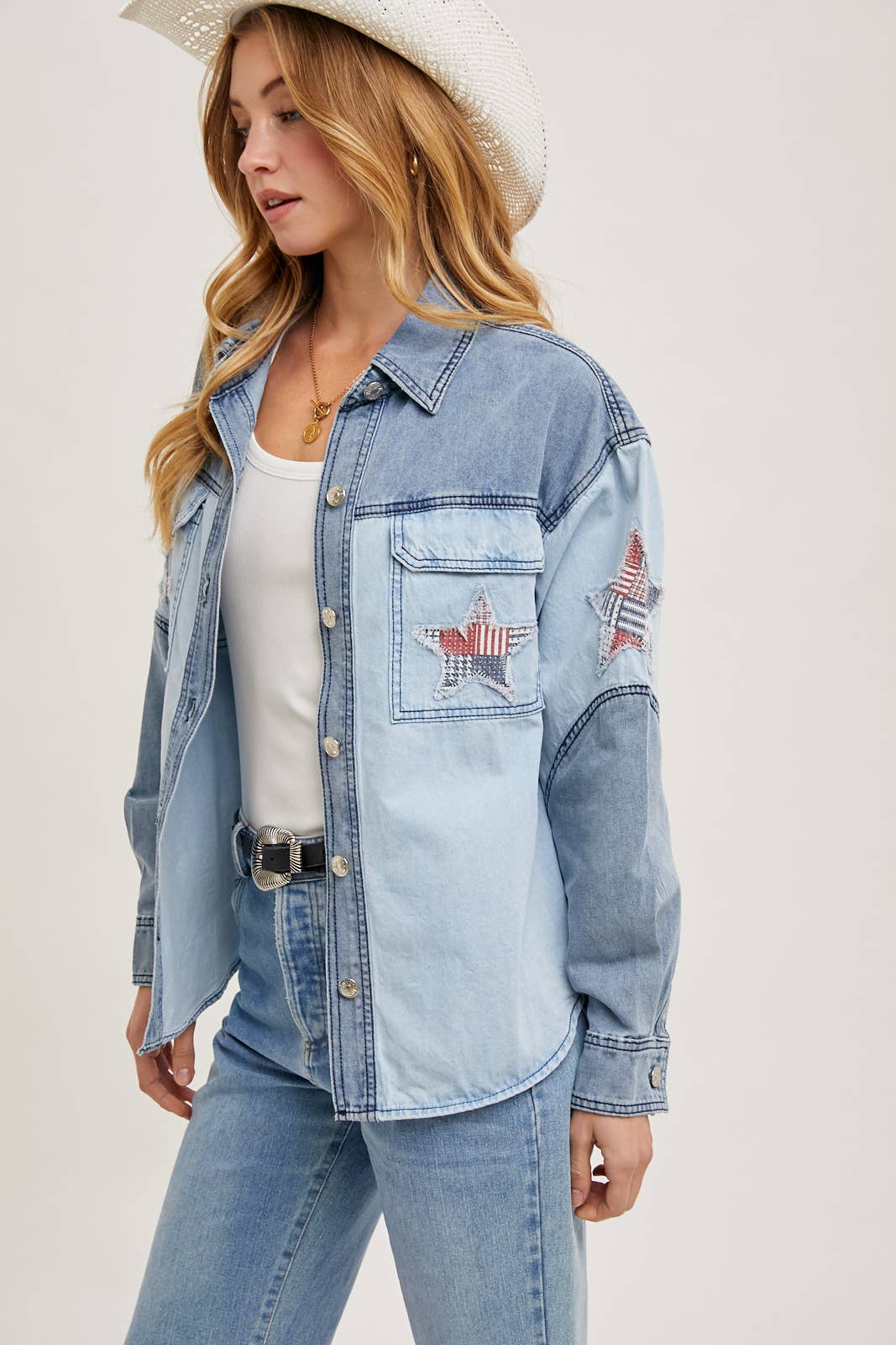 Two-tone denim button-down jacket featuring patriotic star appliqués on pocket and sleeve