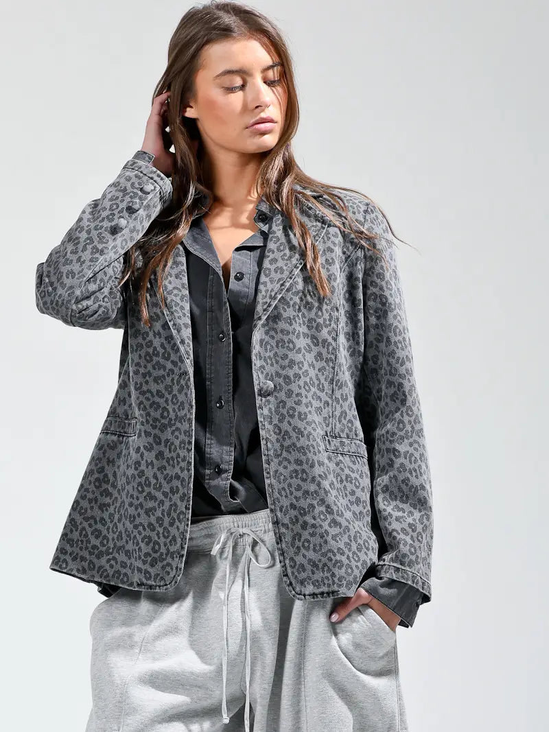 Leopard Print Single-Button Casual Denim Blazer
