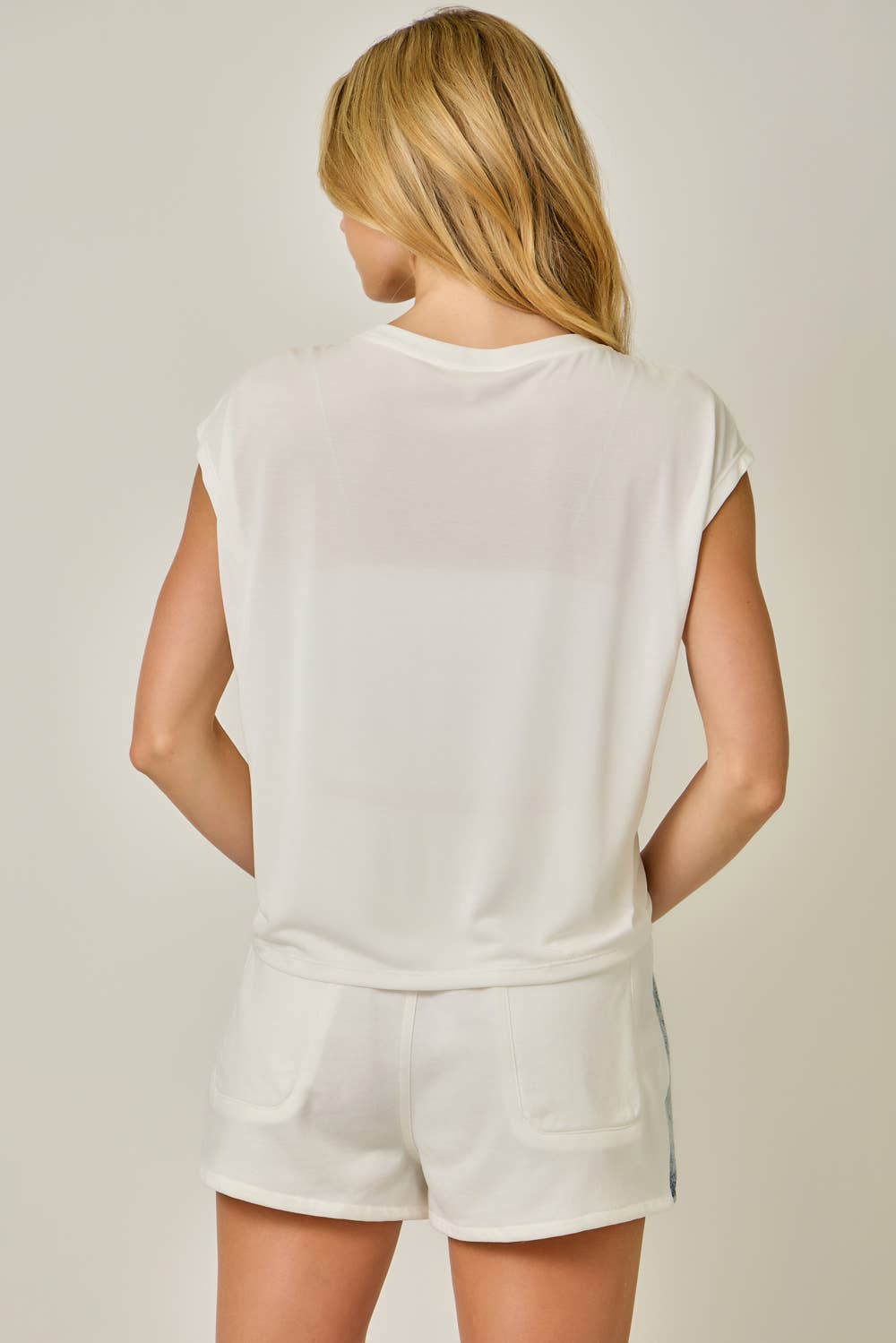 Back view Ruched Front Drawstring Modal Top in Off White — relaxed boho style with V-neckline and cap sleeves