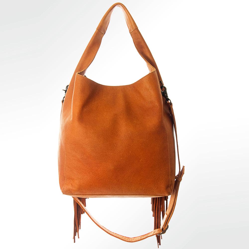 Brown leather handbag with fringe details on a white background