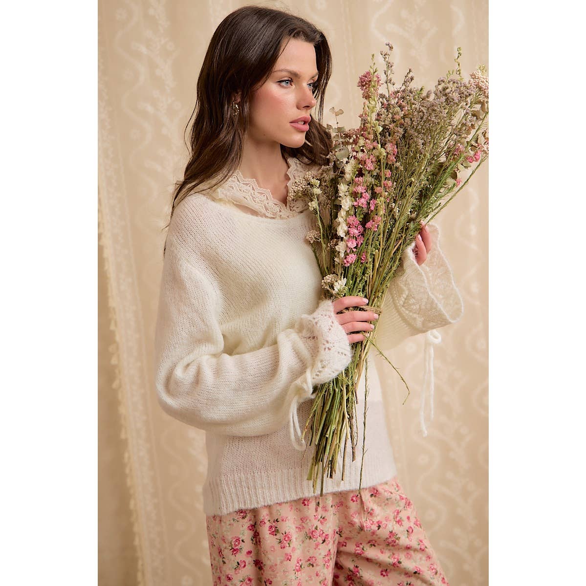 Ivory Lace Hoodie Fringe Sweater