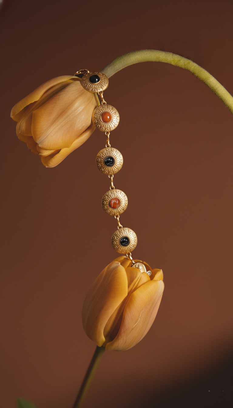Decorative earring with gold beads and yellow tulip petals on a brown background
