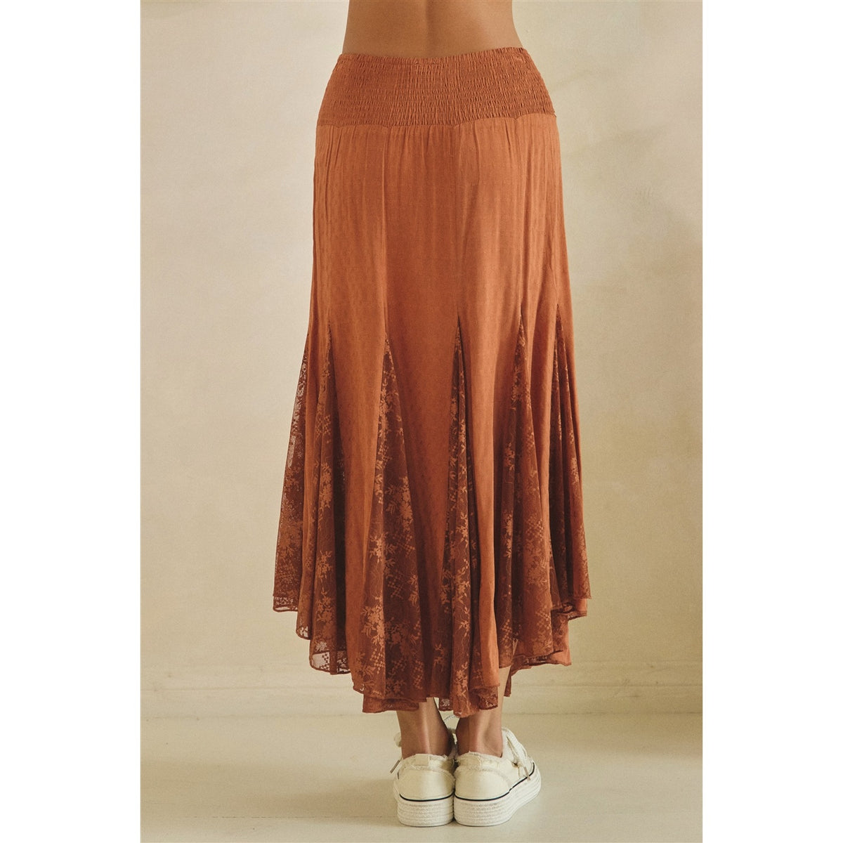 Mesh Lace Mix Skirt in Copper by Oli & Hali — back view showing smocked waistband and sheer floral lace hem panels in copper
